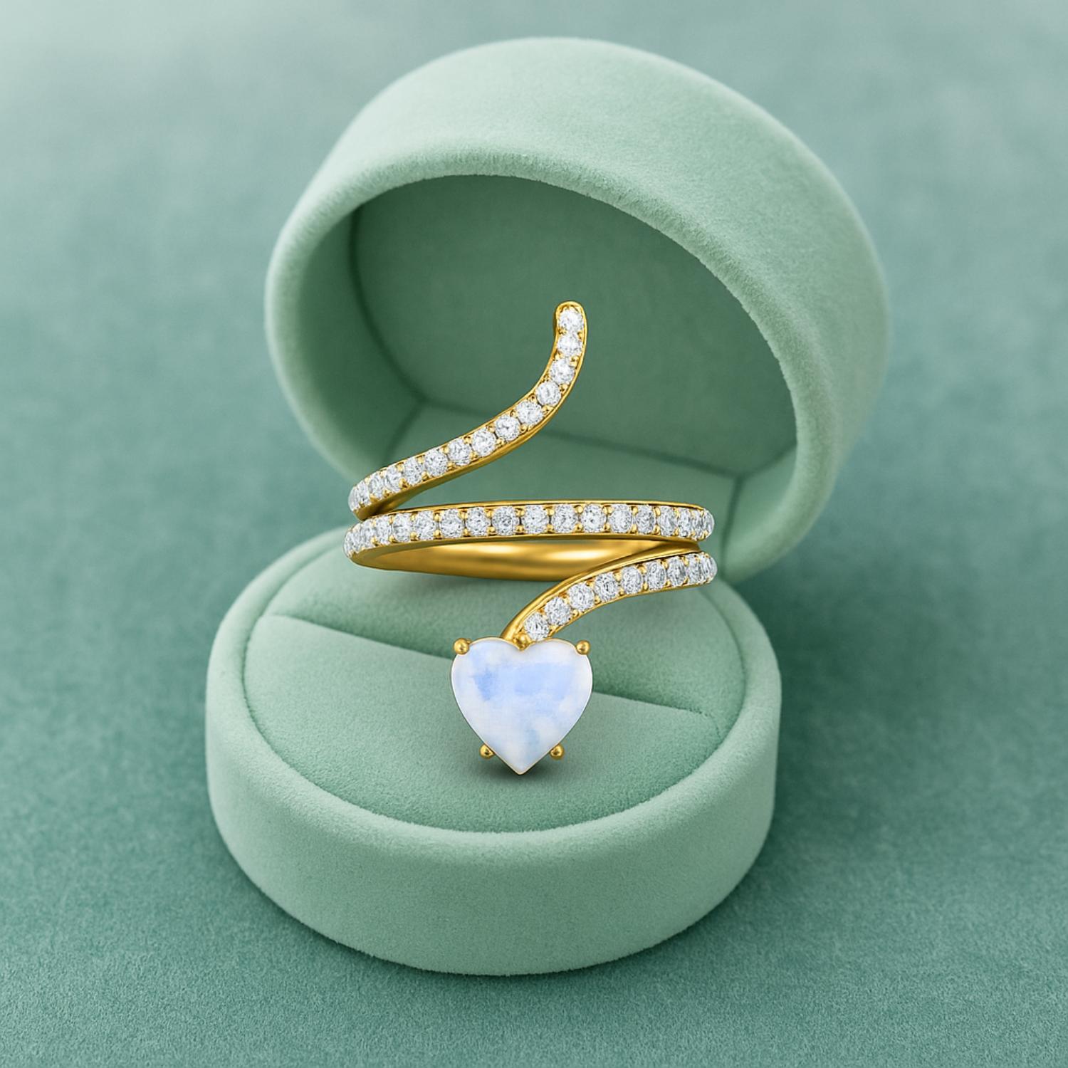 Anello a forma di serpente con pietra di luna a forma di cuore da 7 mm in argento sterling 925