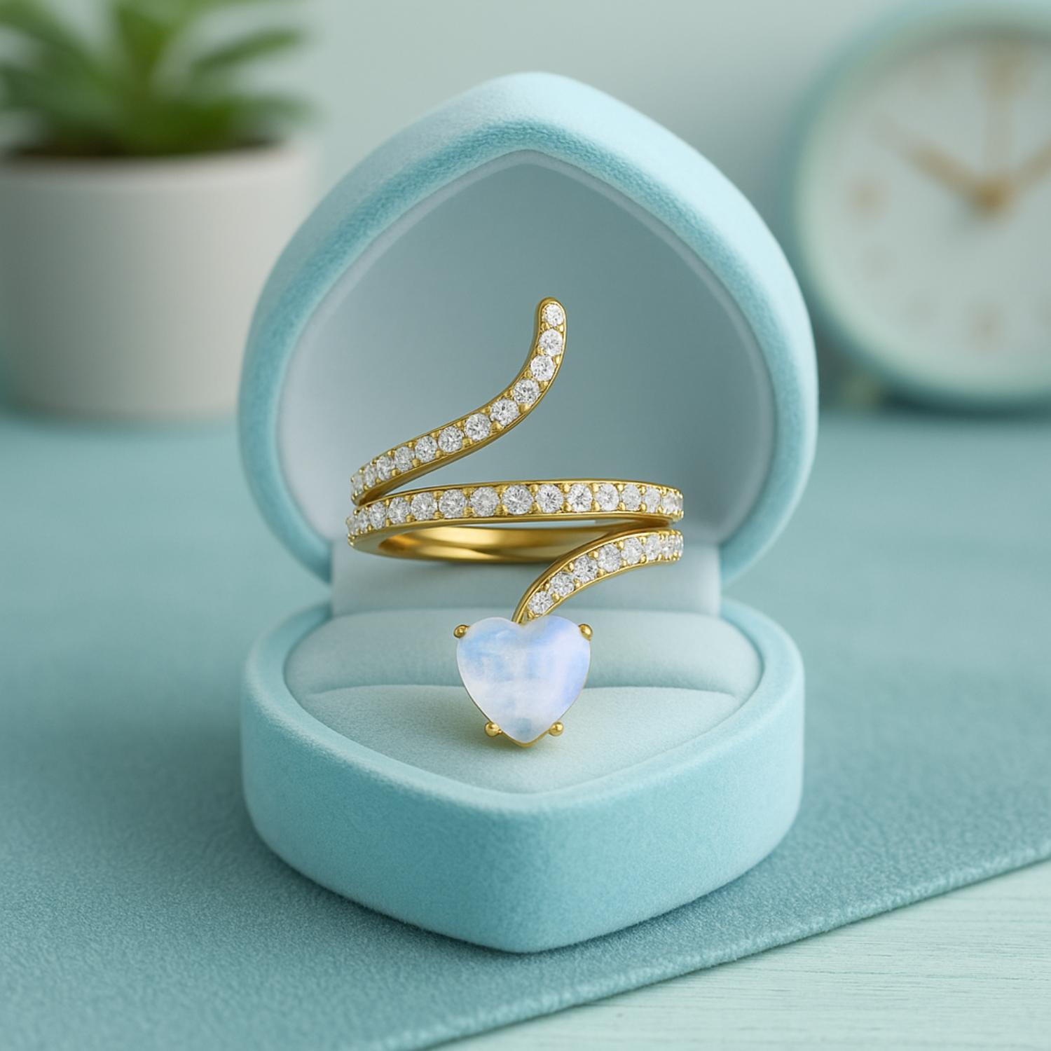 Anello a forma di serpente con pietra di luna a forma di cuore da 7 mm in argento sterling 925