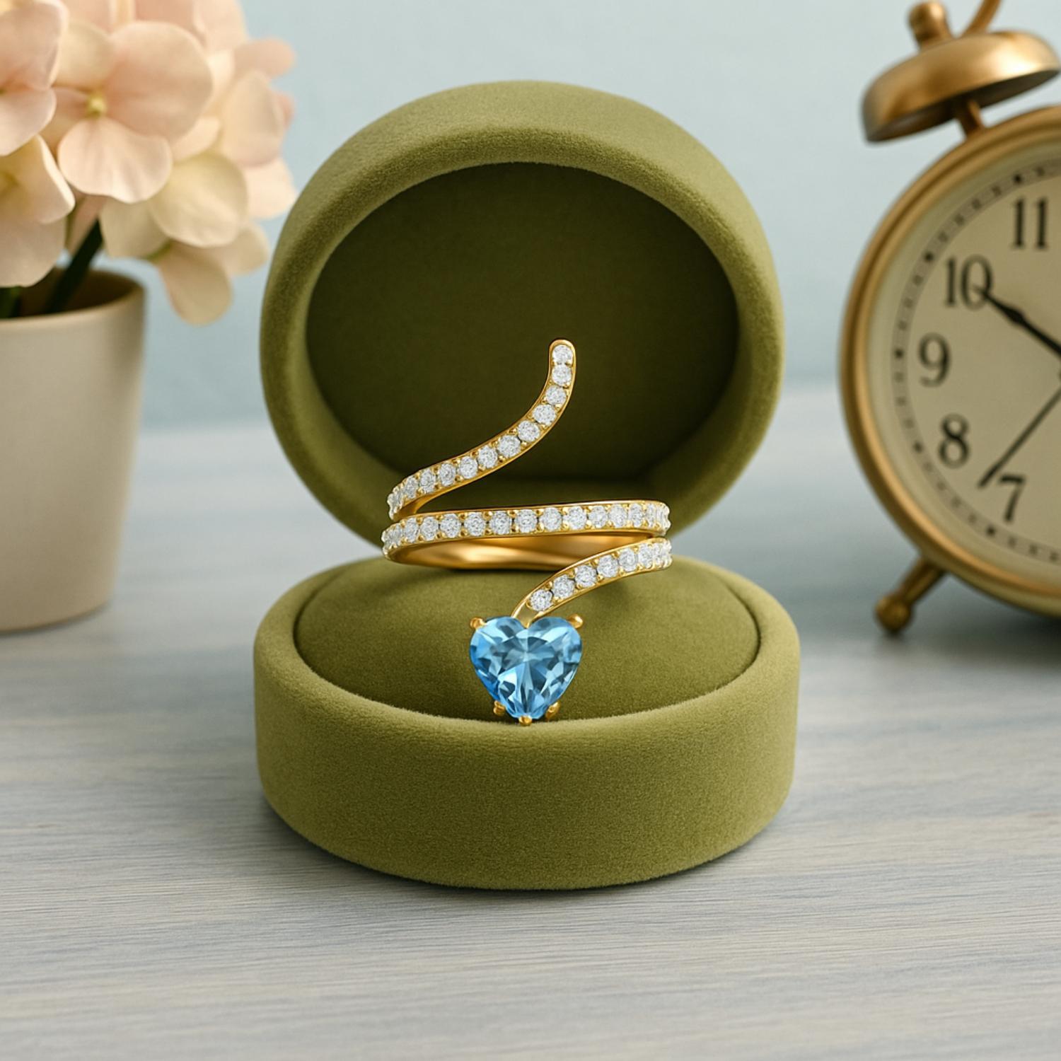 Swiss Blue Topaz Heart-Shaped Snake Ring - Sterling Silver