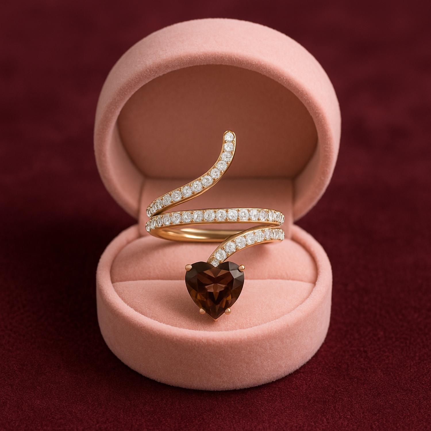 Anello a forma di serpente in quarzo fumé a forma di cuore da 7 mm in argento sterling 925