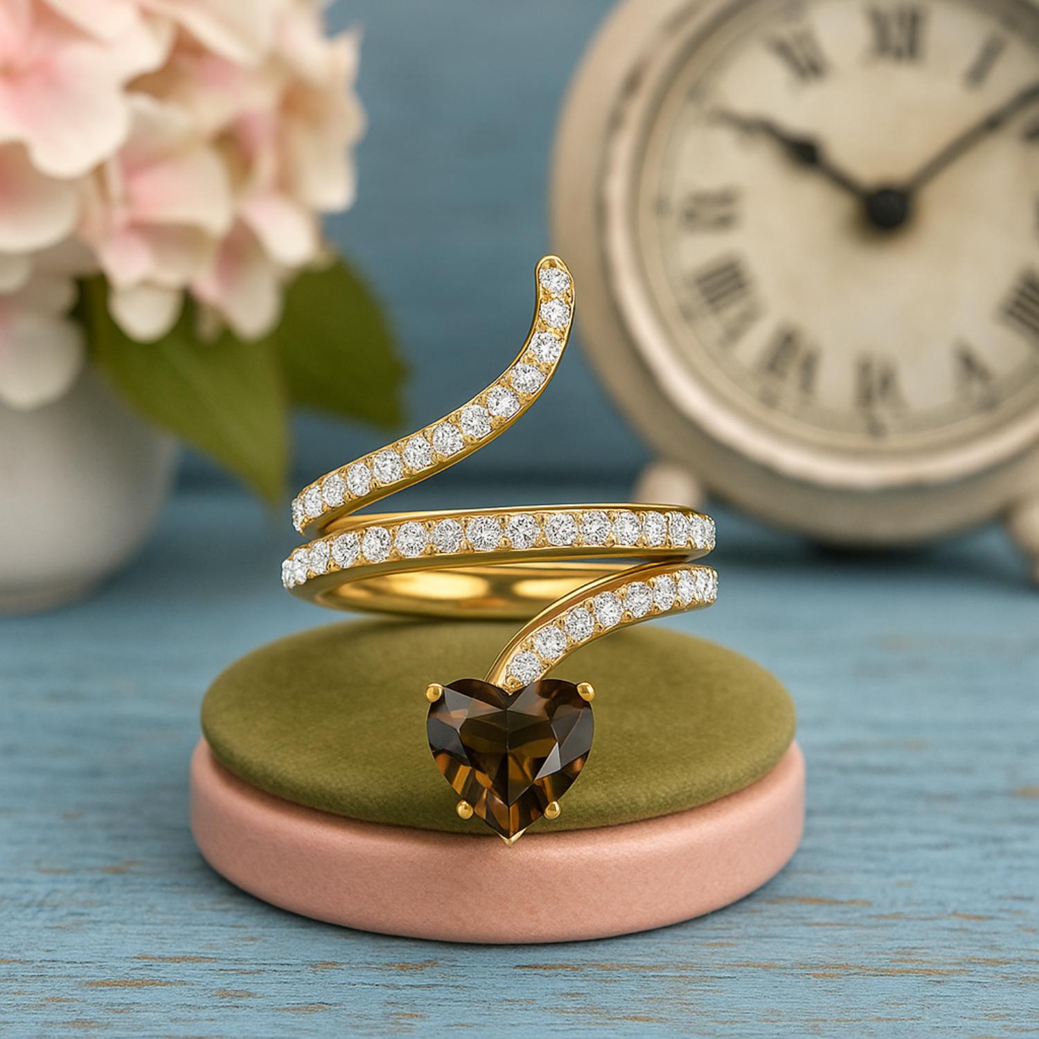 Anello a forma di serpente in quarzo fumé a forma di cuore da 7 mm in argento sterling 925