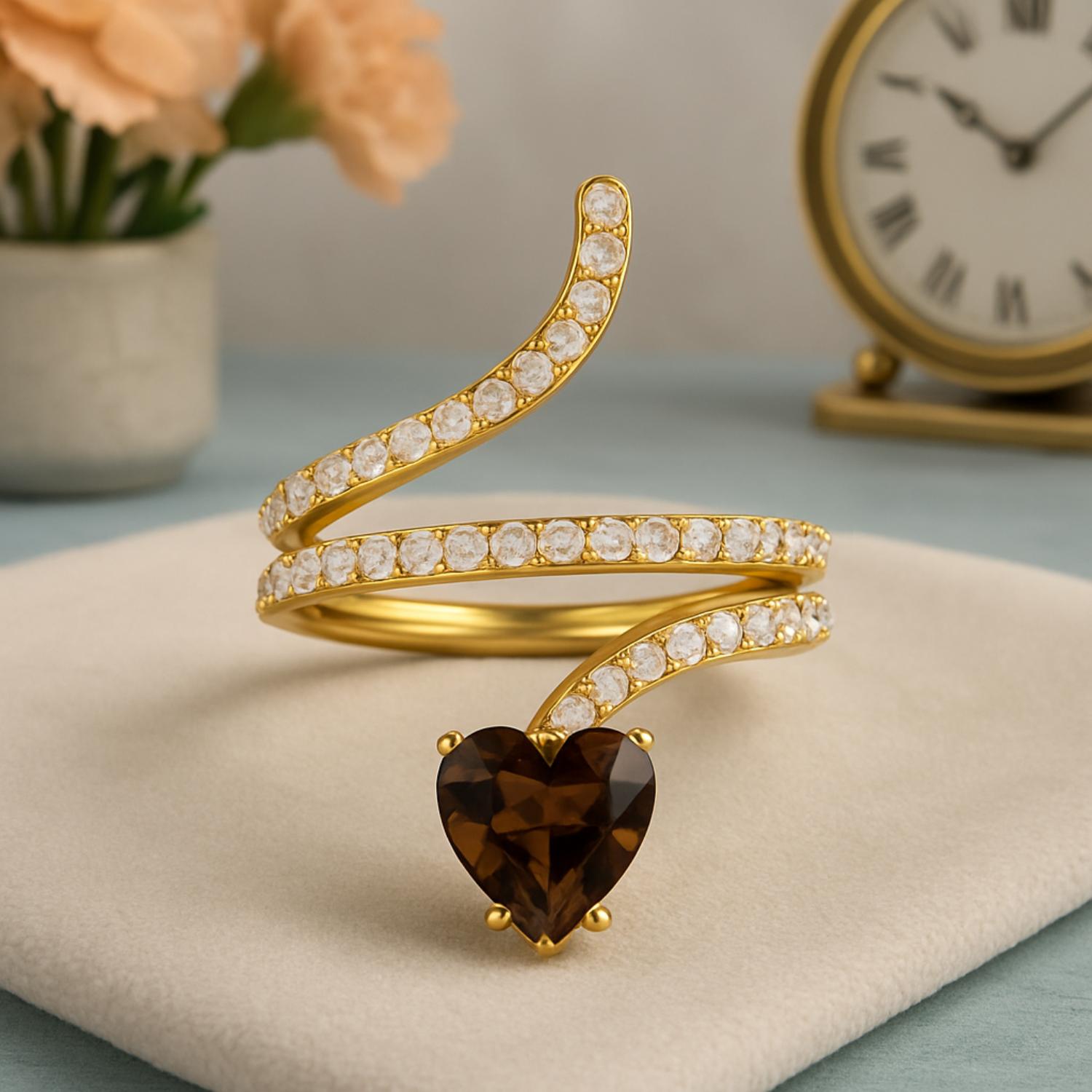Anello a forma di serpente in quarzo fumé a forma di cuore da 7 mm in argento sterling 925