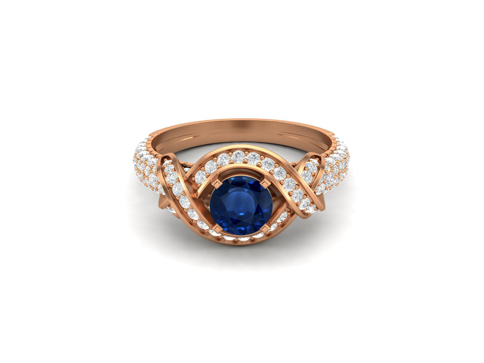 Blue Sapphire Swirl Halo Ring – Sterling Silver
