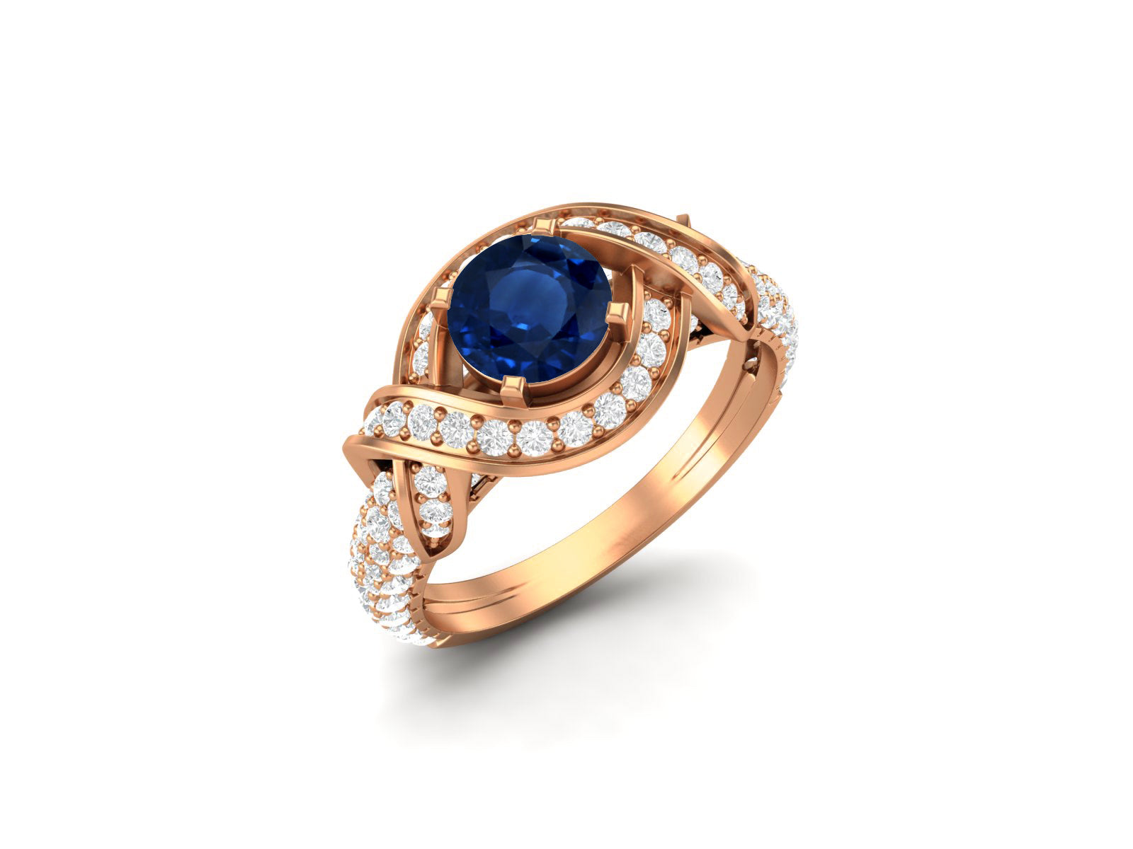 Blue Sapphire Swirl Halo Ring – Sterling Silver
