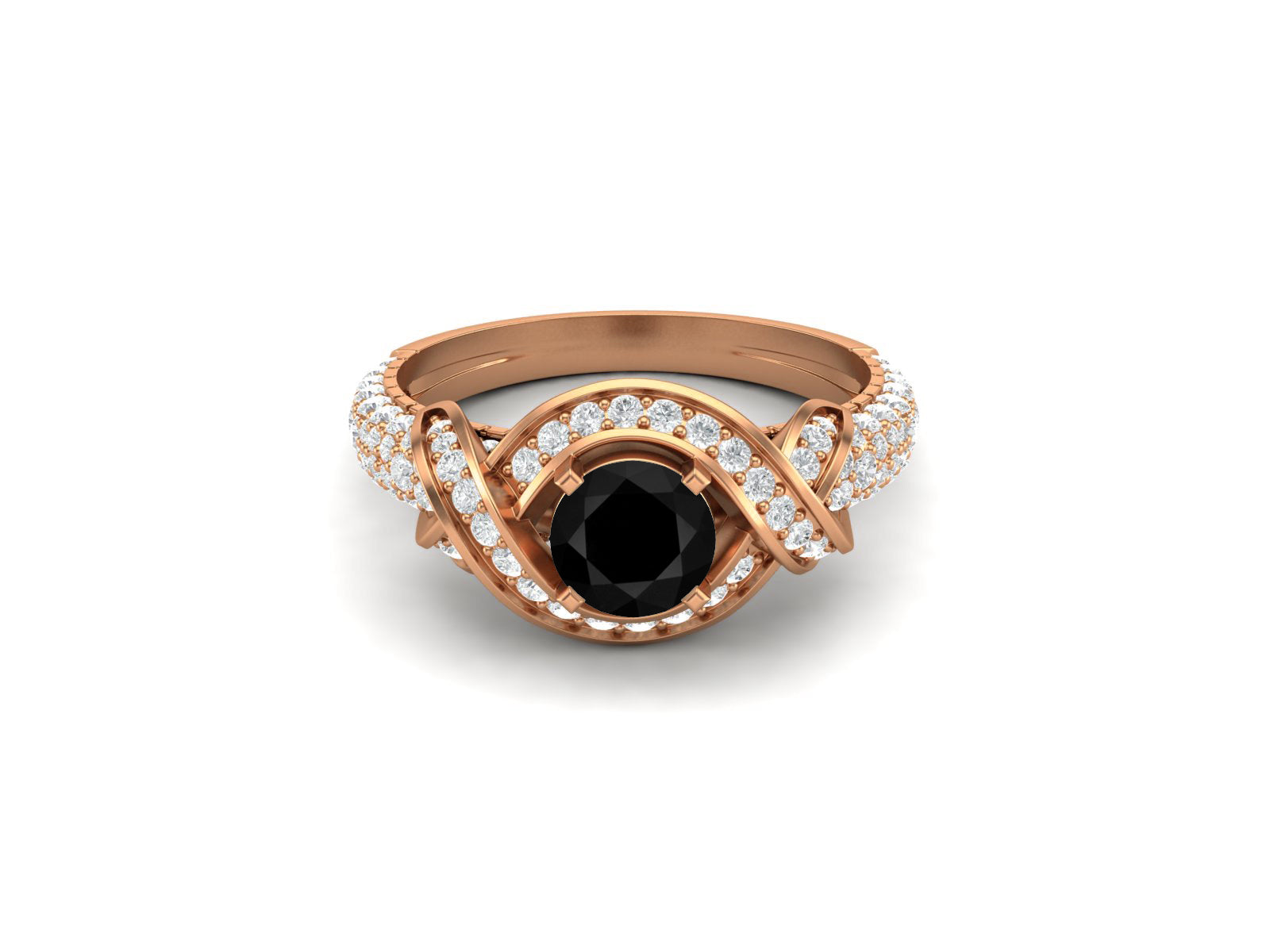 Black Spinel Twisted Halo and Pave Band Ring - Sterling Silver