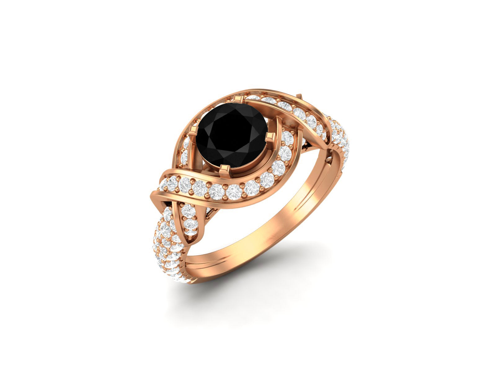 Black Spinel Twisted Halo and Pave Band Ring - Sterling Silver