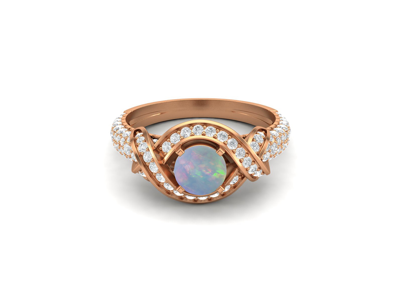 Anello di fidanzamento con opale rotondo e zircone cubico in stile Art Déco