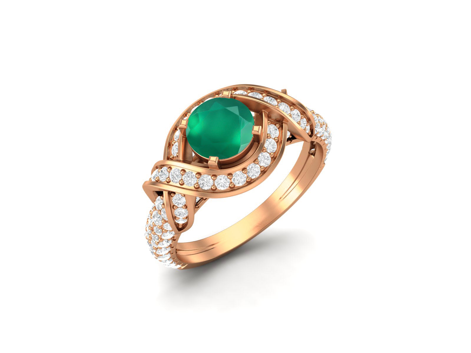 Green Onyx Twisted Halo and Pave Band Ring - Sterling Silver