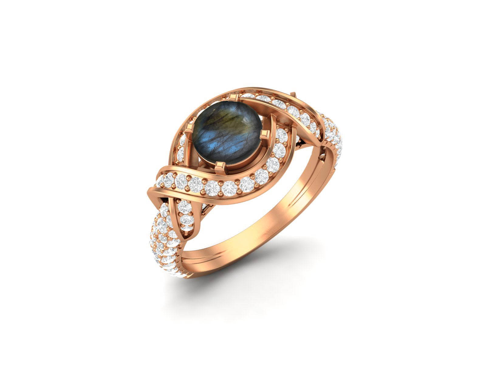 Labradorite Twisted Halo and Pave Band Ring - Sterling Silver