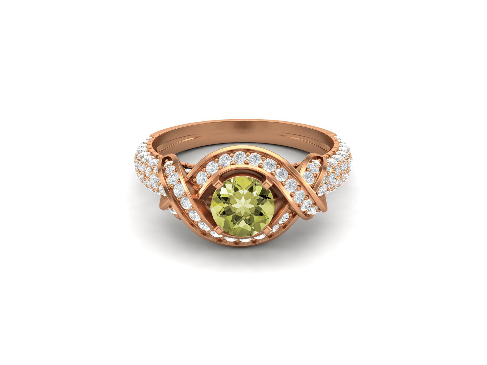 Lemon Quartz Twisted Halo and Pave Band Ring - Sterling Silver