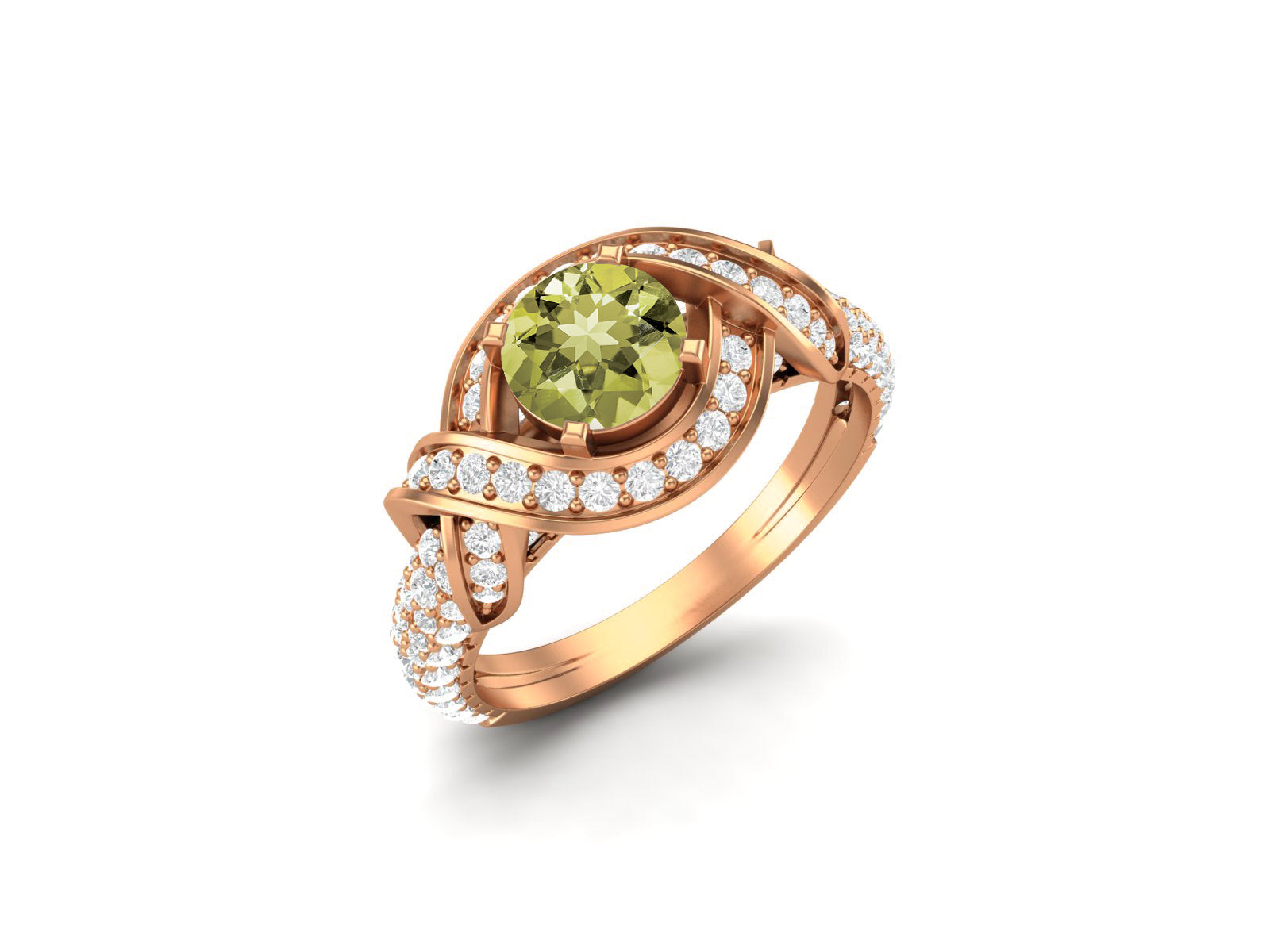 Lemon Quartz Twisted Halo and Pave Band Ring - Sterling Silver