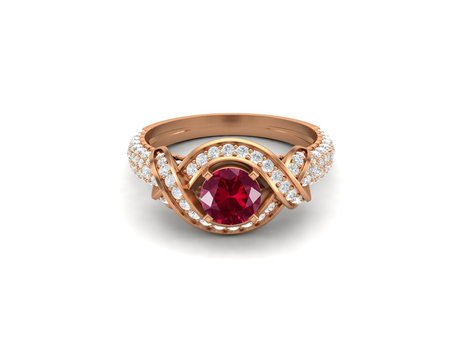 Ruby Twisted Halo and Pave Band Ring - Sterling Silver