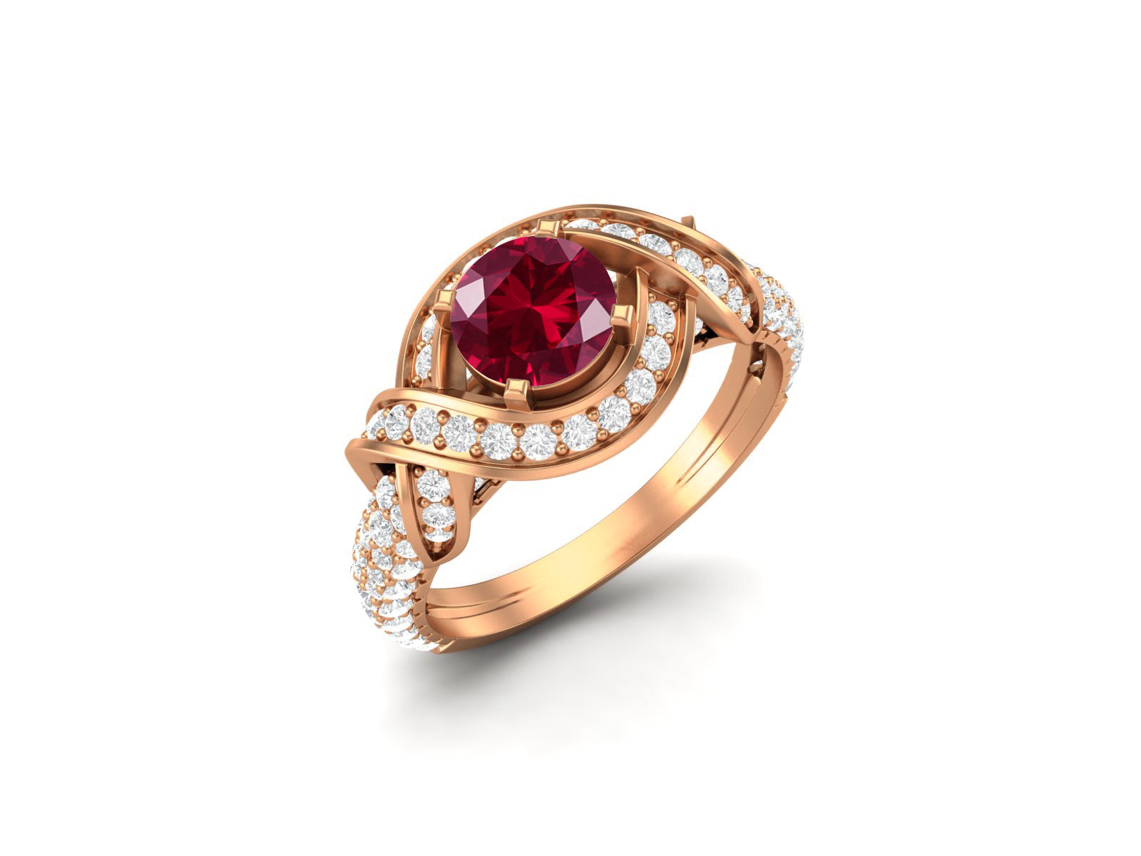 Ruby Twisted Halo and Pave Band Ring - Sterling Silver