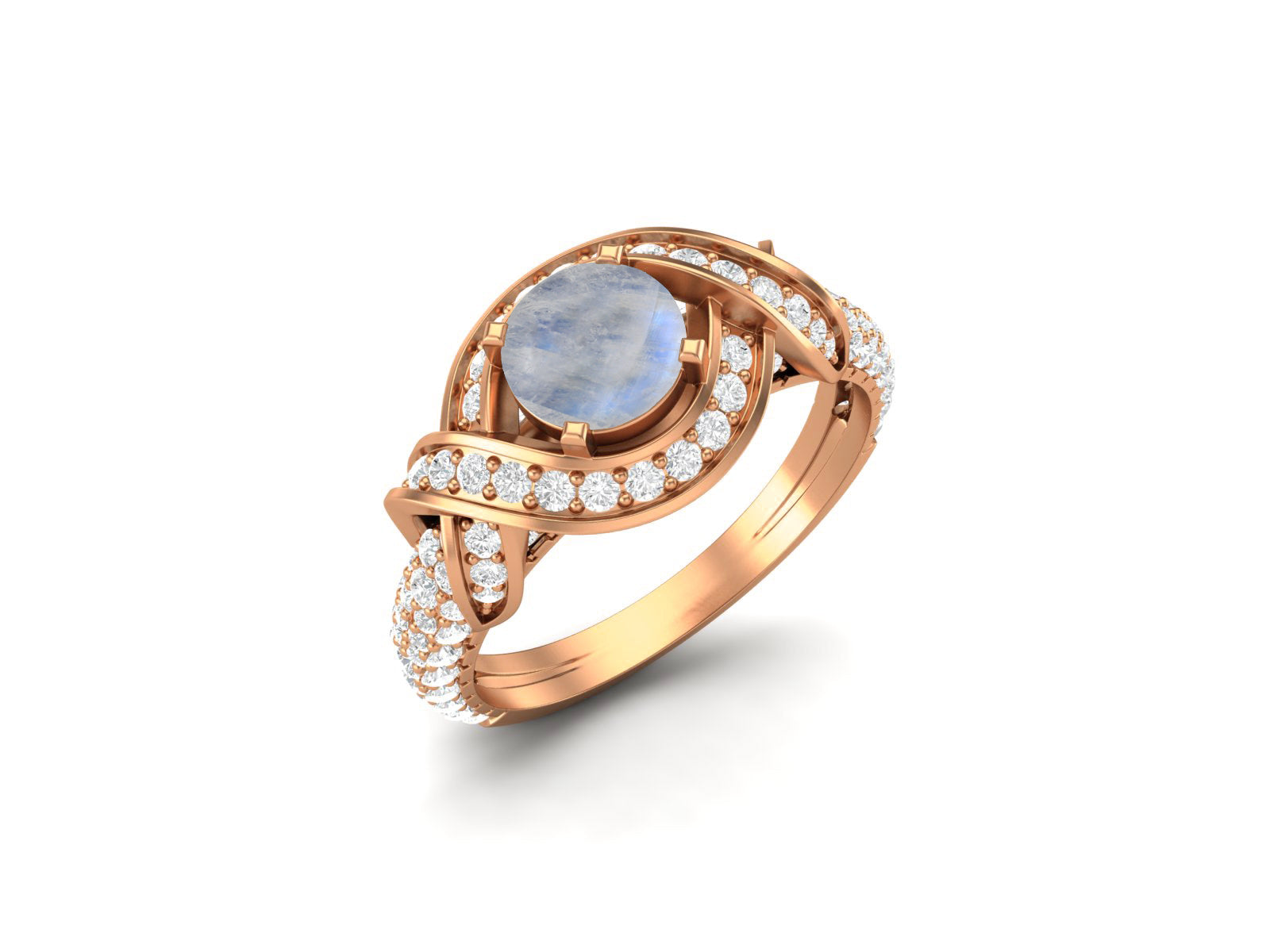 Moonstone Twisted Halo and Pave Band Ring - Sterling Silver