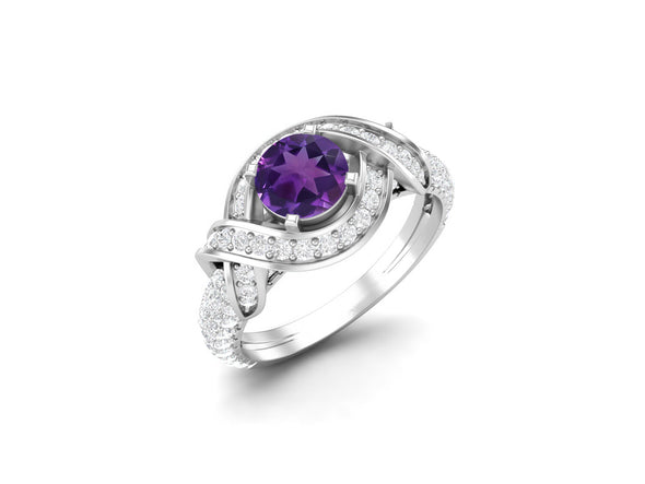 6MM Round Cut Purple Amethyst And Cubic Zirconia Wedding Ring 925 Silver Ring