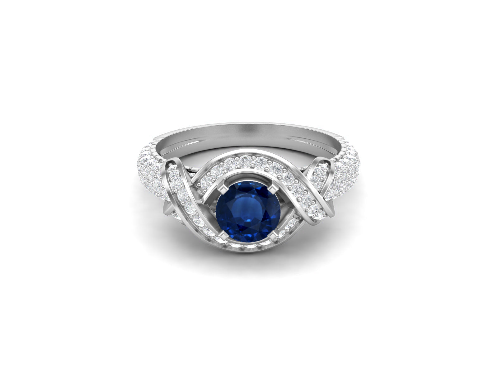 Blue Sapphire Swirl Halo Ring – Sterling Silver