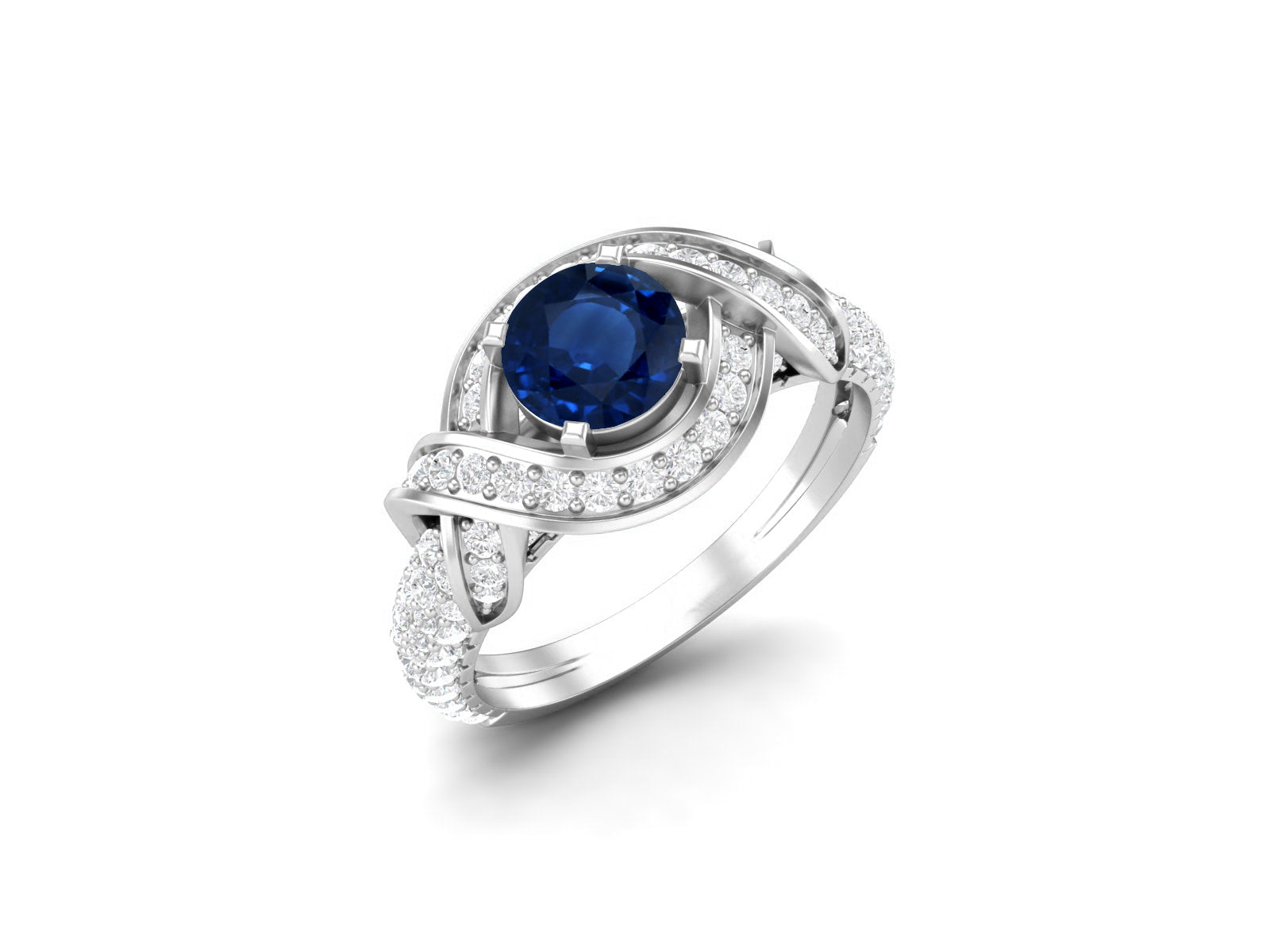 Blue Sapphire Swirl Halo Ring – Sterling Silver