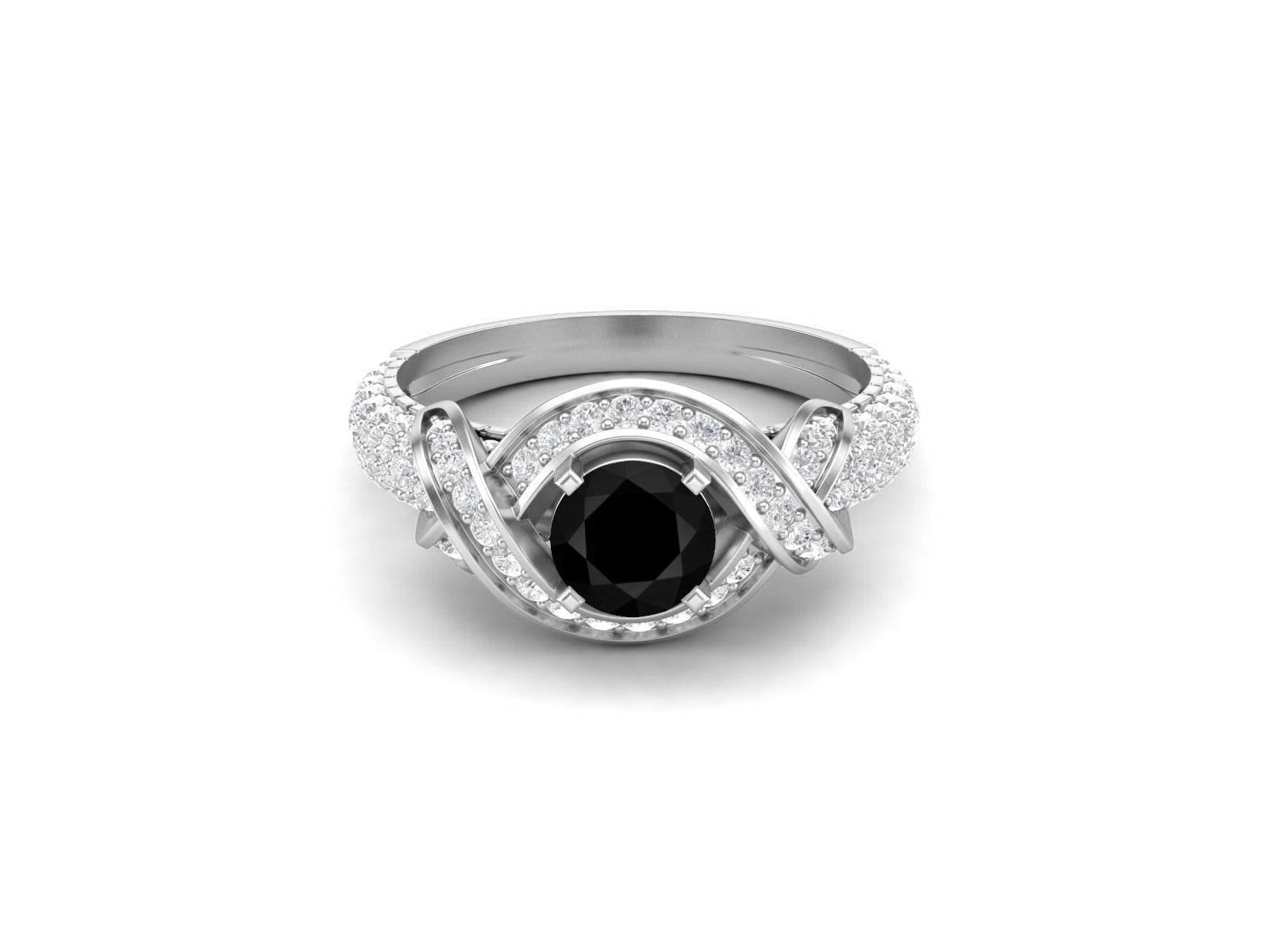 Black Spinel Twisted Halo and Pave Band Ring - Sterling Silver