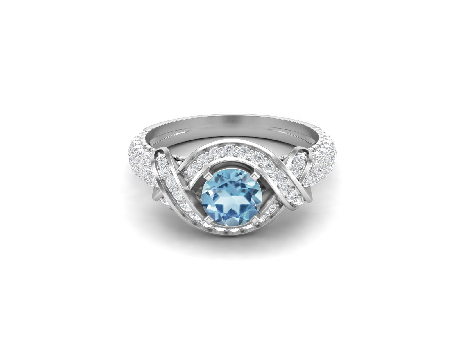 Blue Topaz Twisted Halo and Pave Band Ring - Sterling Silver