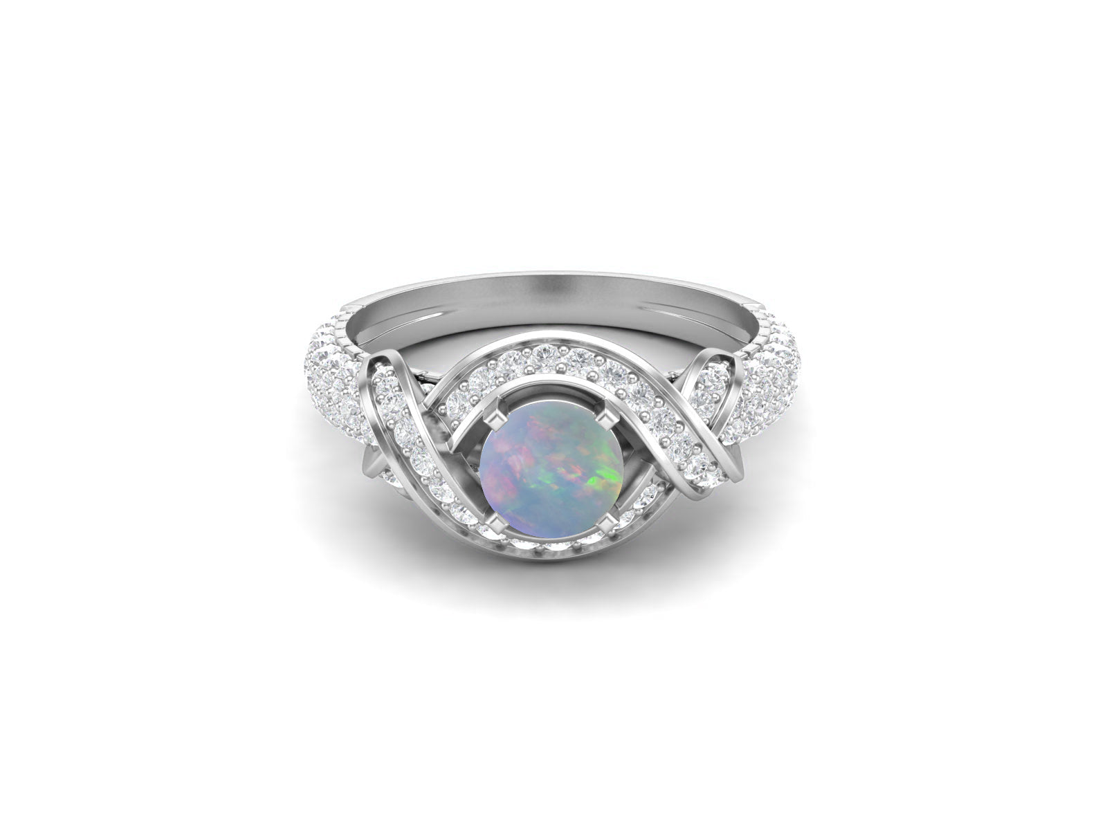 Opal Twisted Halo and Pave Band Ring - Sterling Silver