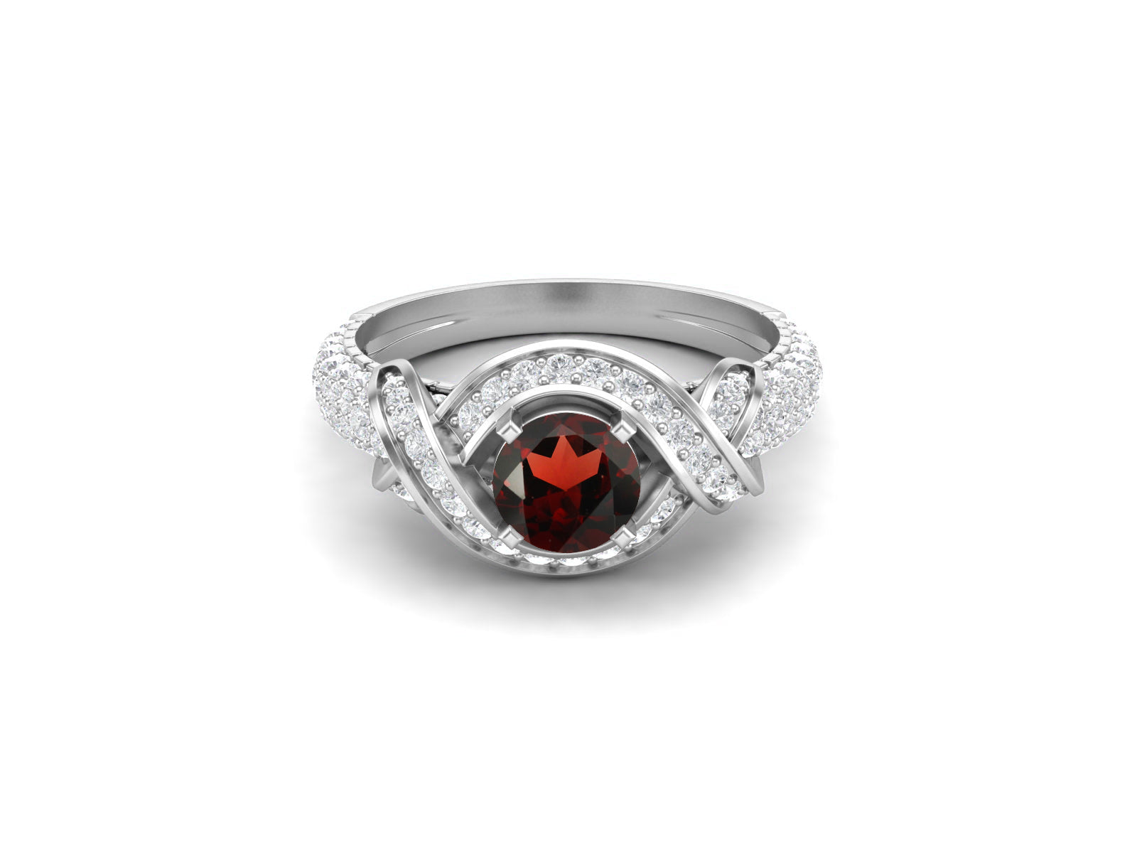 Garnet Infinity Twisted Shank Halo Ring – Sterling Silver