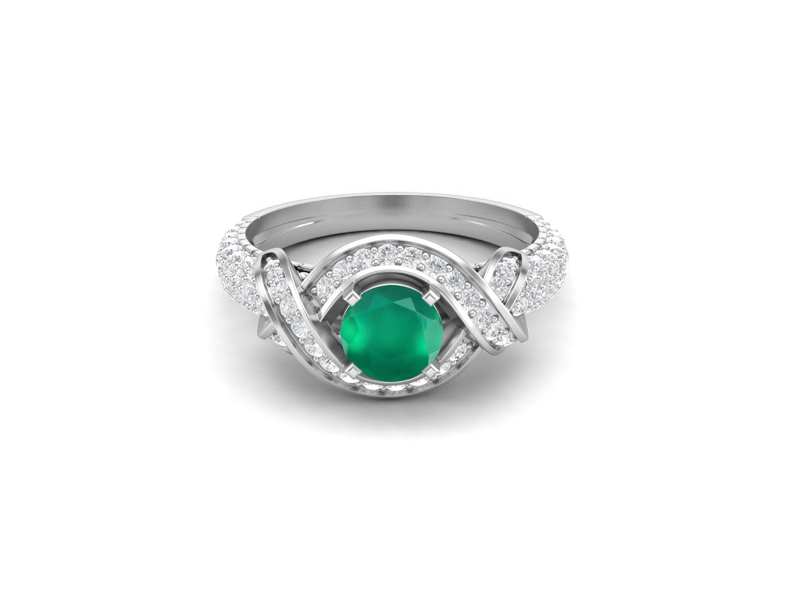 Green Onyx Twisted Halo and Pave Band Ring - Sterling Silver