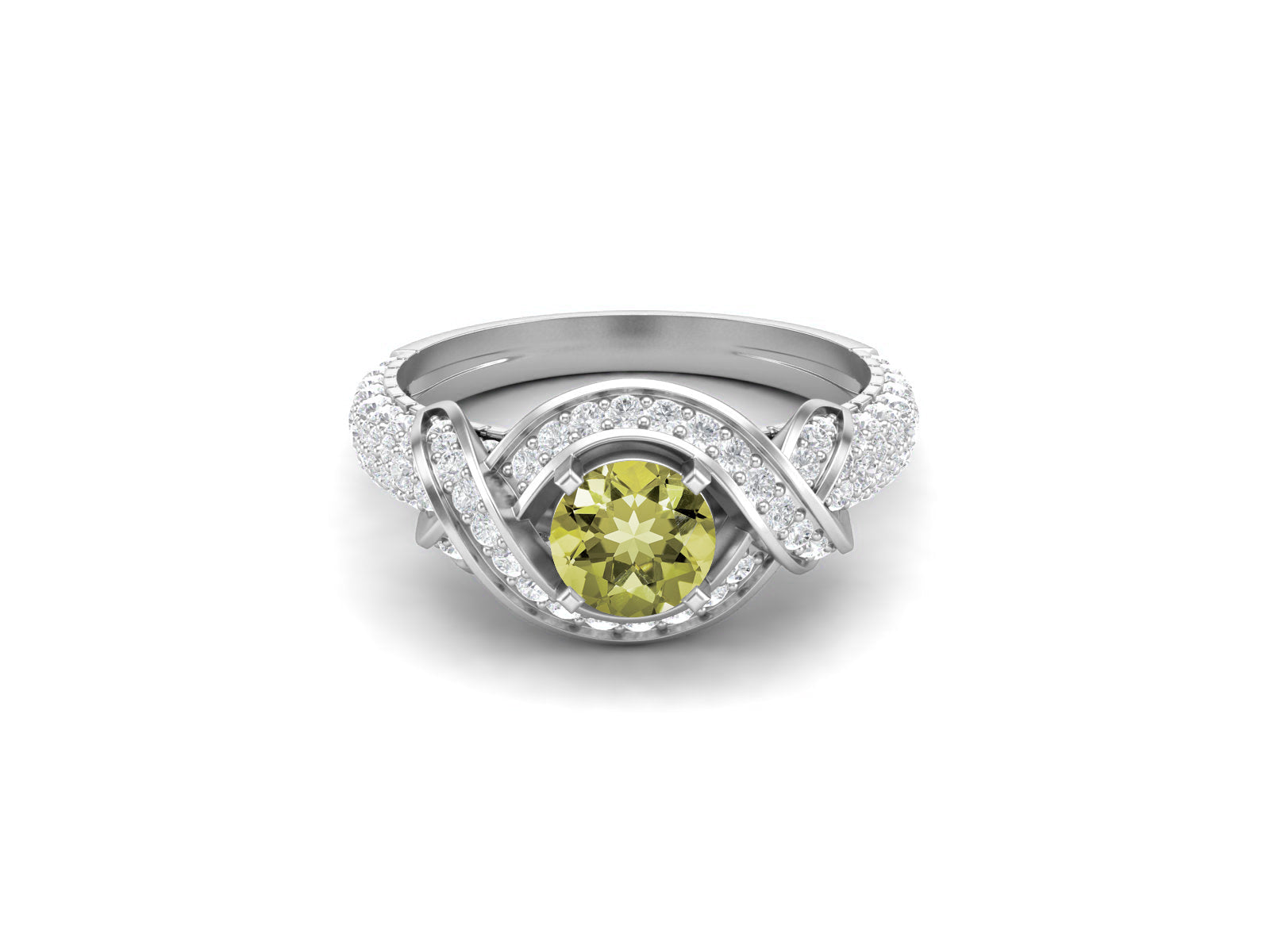 Lemon Quartz Twisted Halo and Pave Band Ring - Sterling Silver
