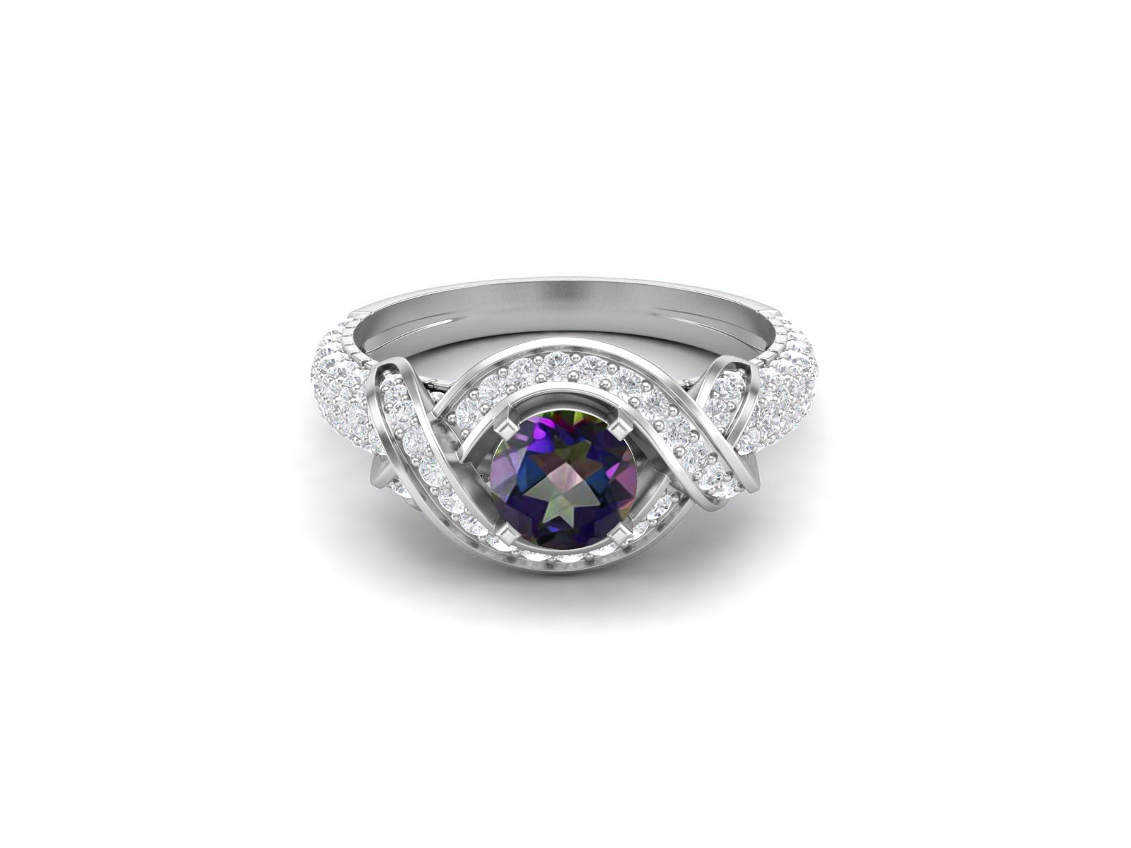 Mystic Topaz Twisted Halo and Pave Band Ring - Sterling Silver