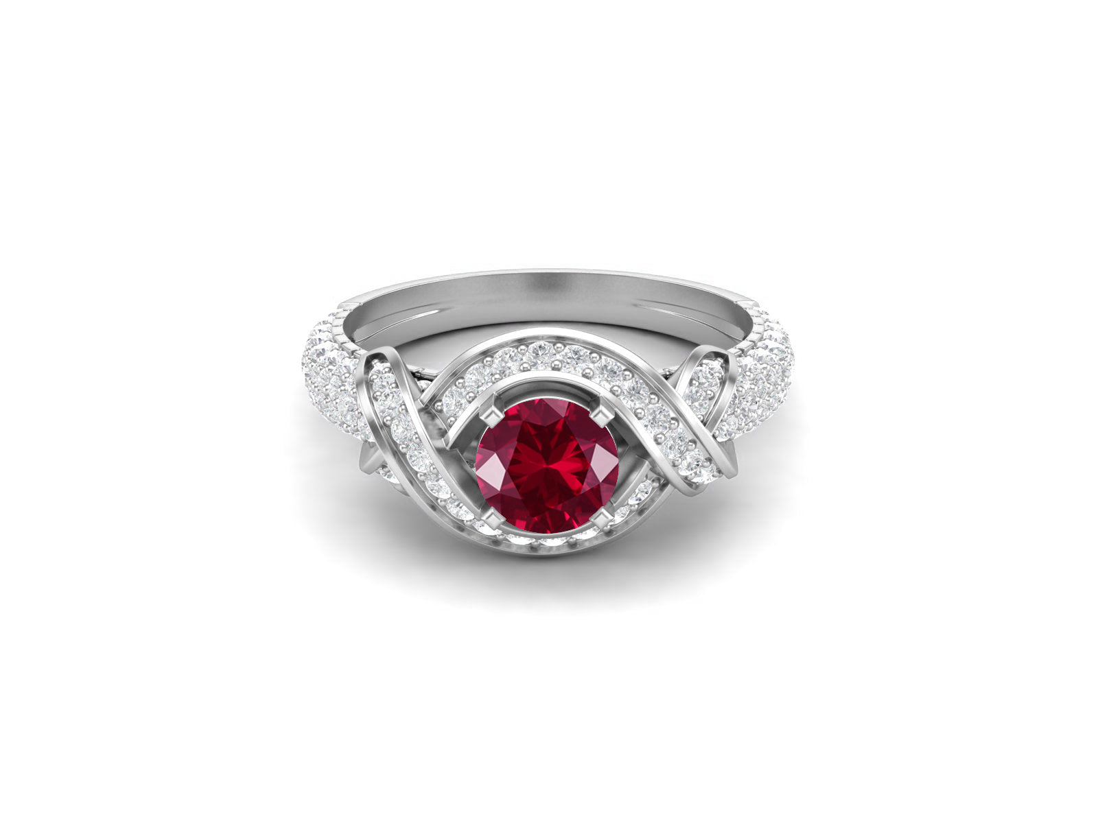 Ruby Twisted Halo and Pave Band Ring - Sterling Silver