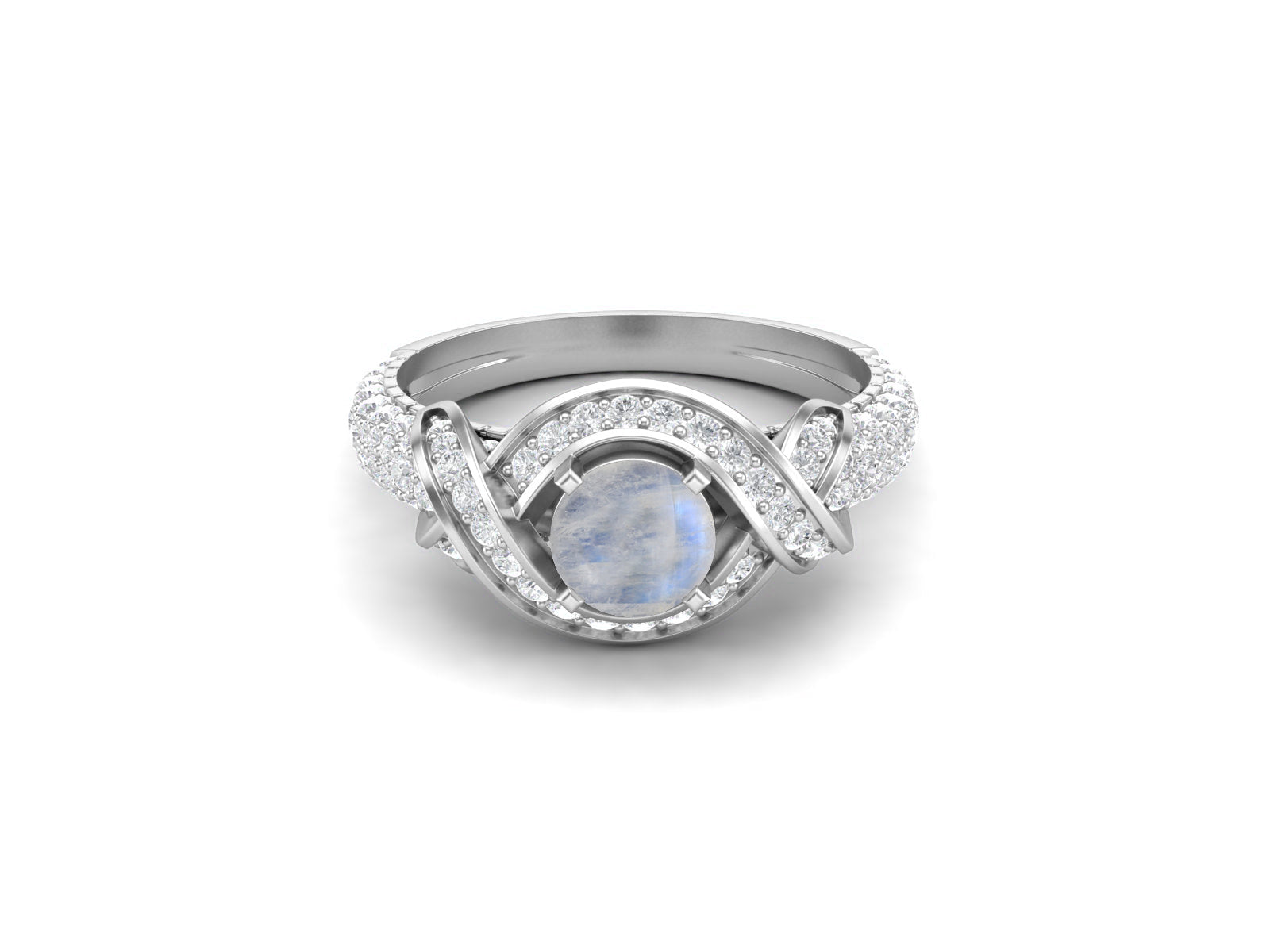 Moonstone Twisted Halo and Pave Band Ring - Sterling Silver