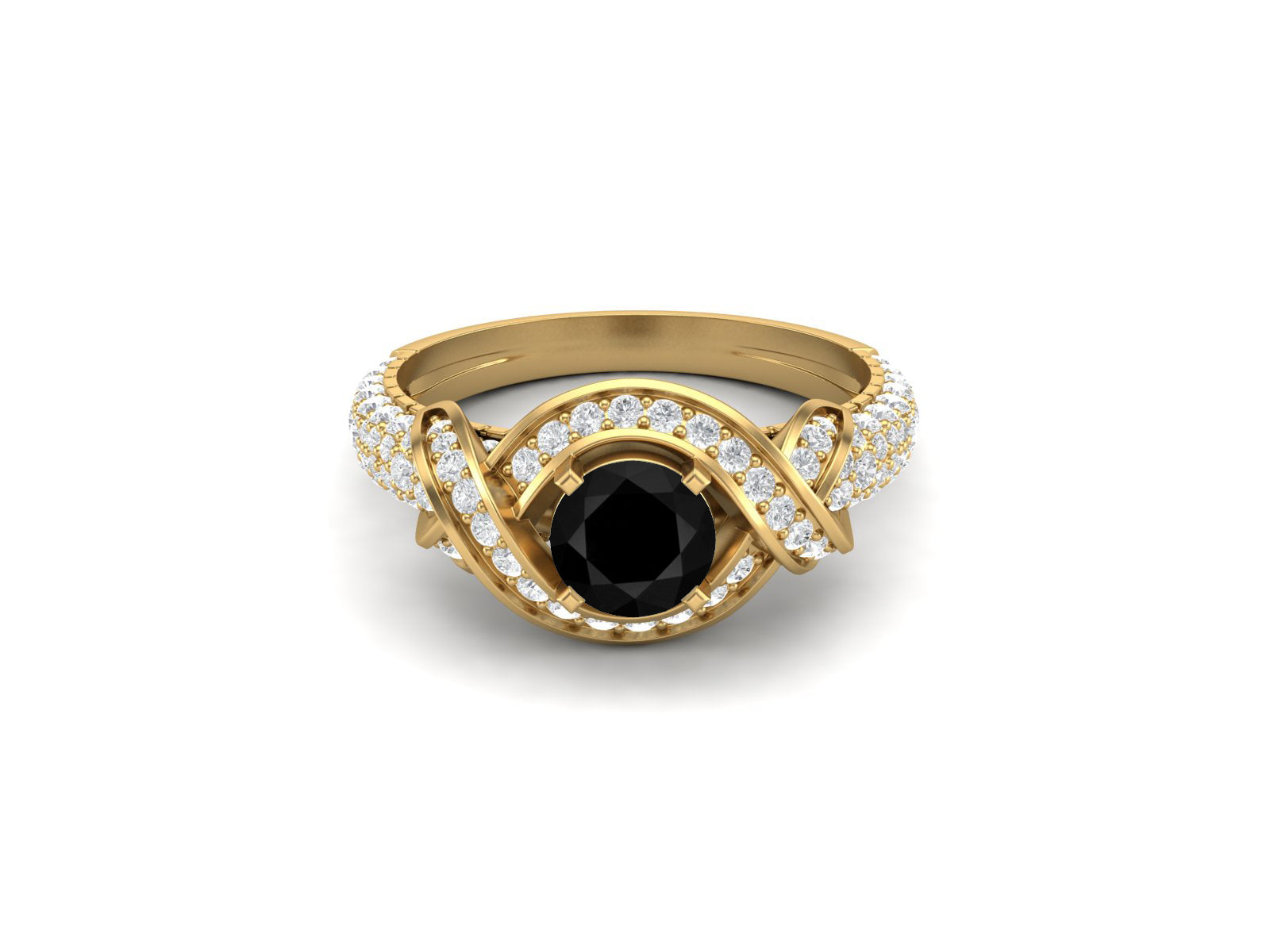 Black Spinel Twisted Halo and Pave Band Ring - Sterling Silver