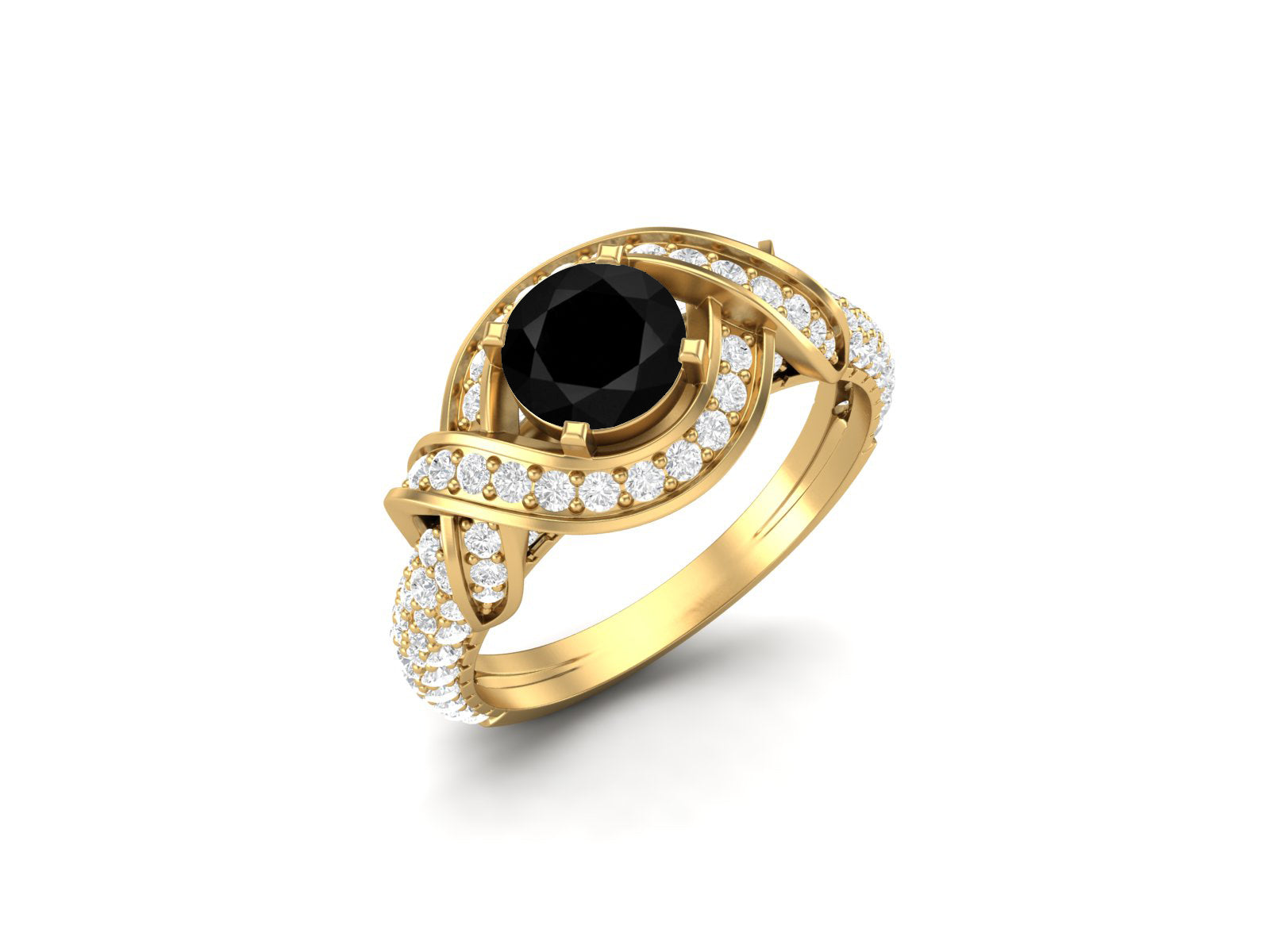 Black Spinel Twisted Halo and Pave Band Ring - Sterling Silver