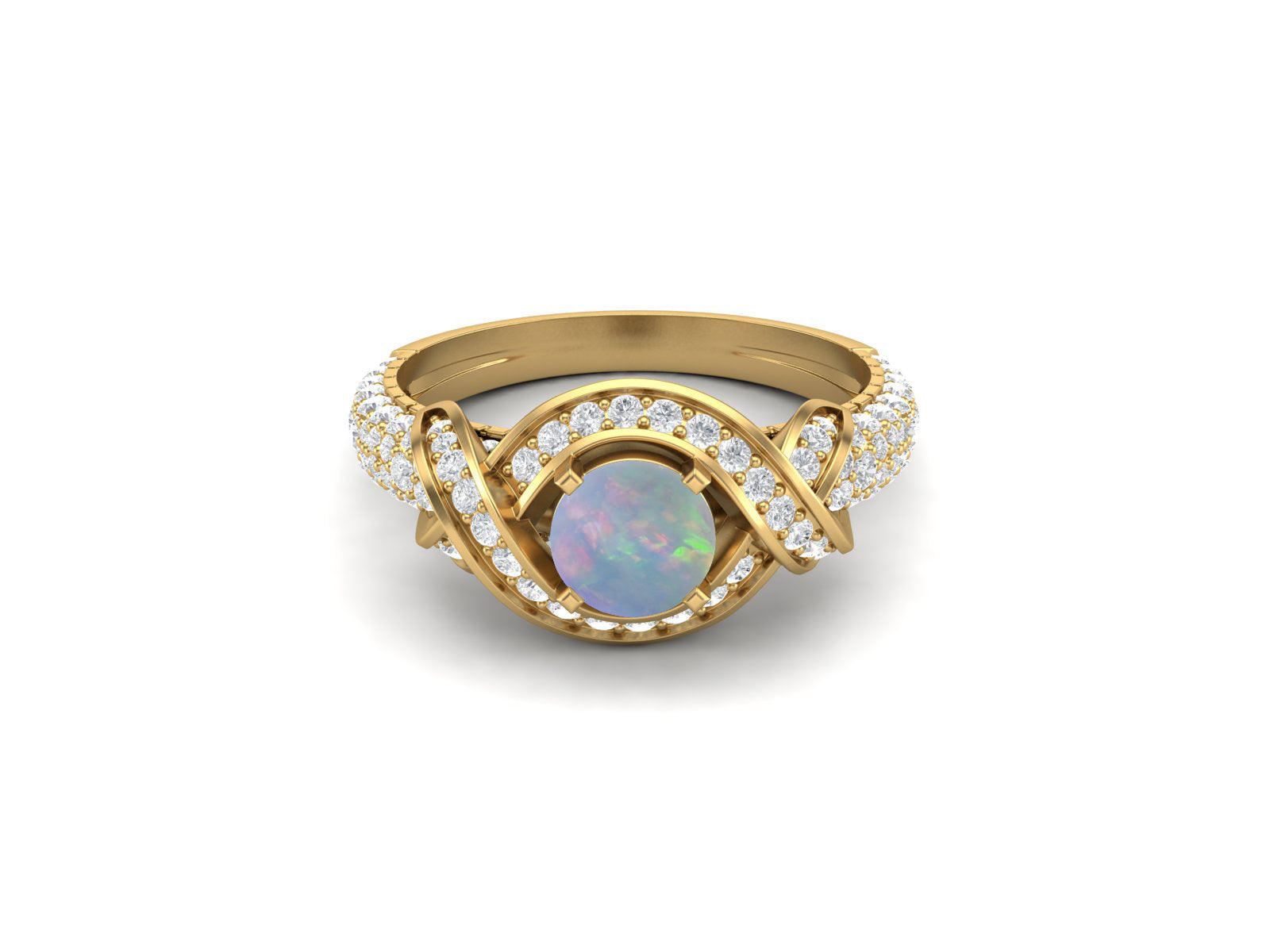 Anello di fidanzamento con opale rotondo e zircone cubico in stile Art Déco
