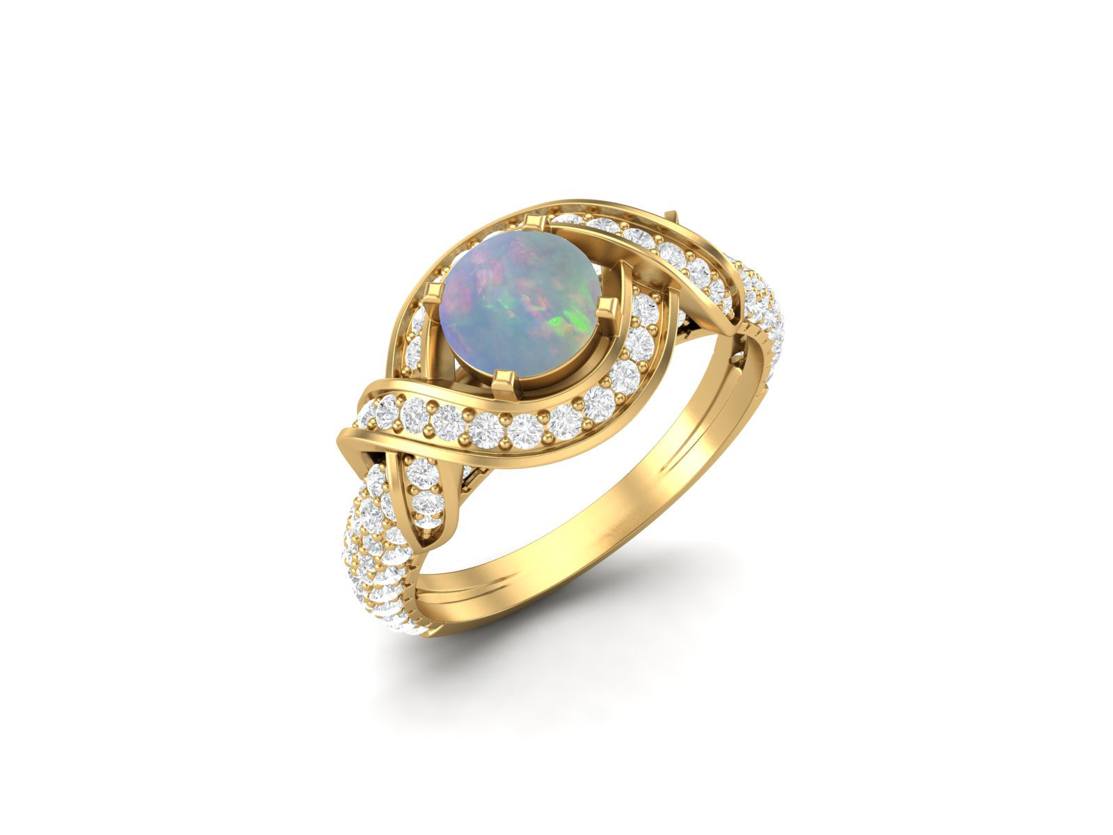 Anello di fidanzamento con opale rotondo e zircone cubico in stile Art Déco