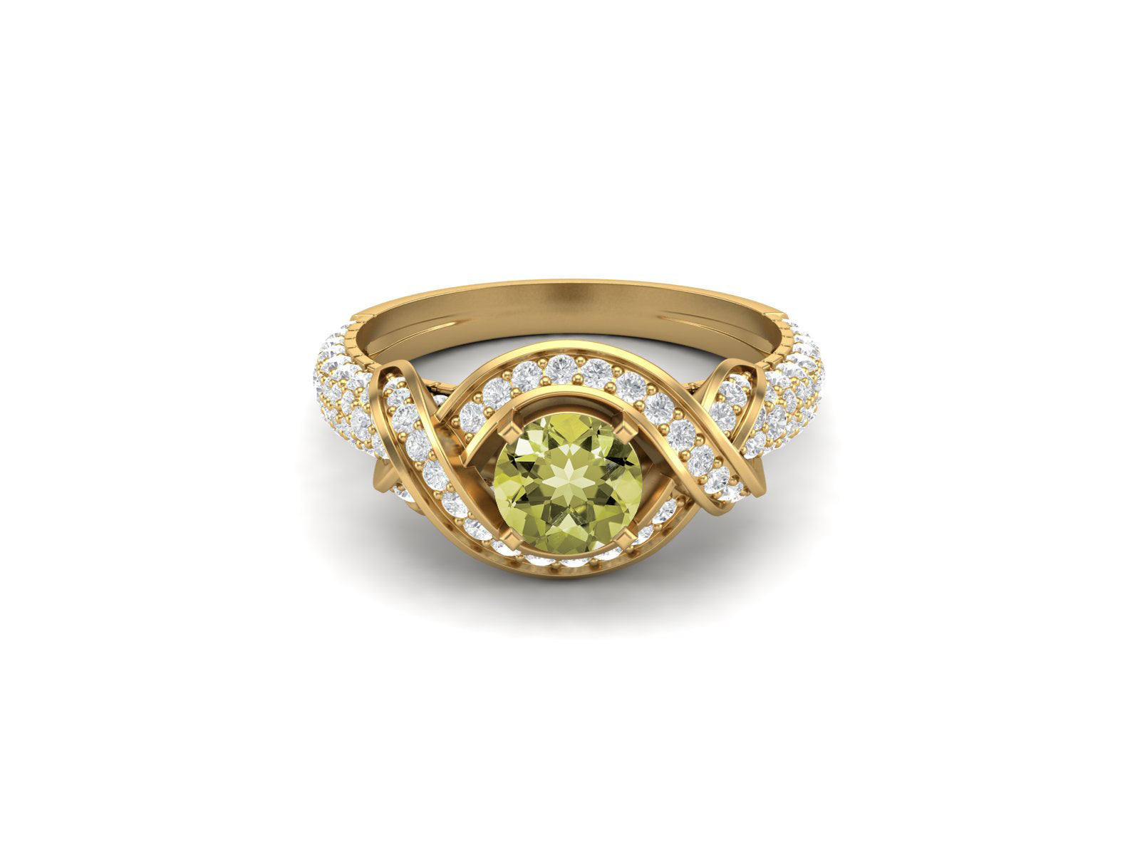 Lemon Quartz Twisted Halo and Pave Band Ring - Sterling Silver