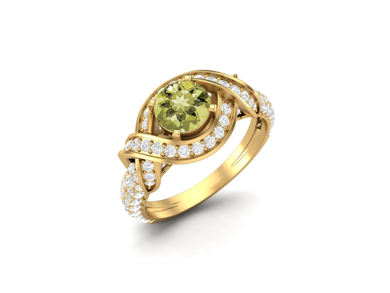 Lemon Quartz Twisted Halo and Pave Band Ring - Sterling Silver