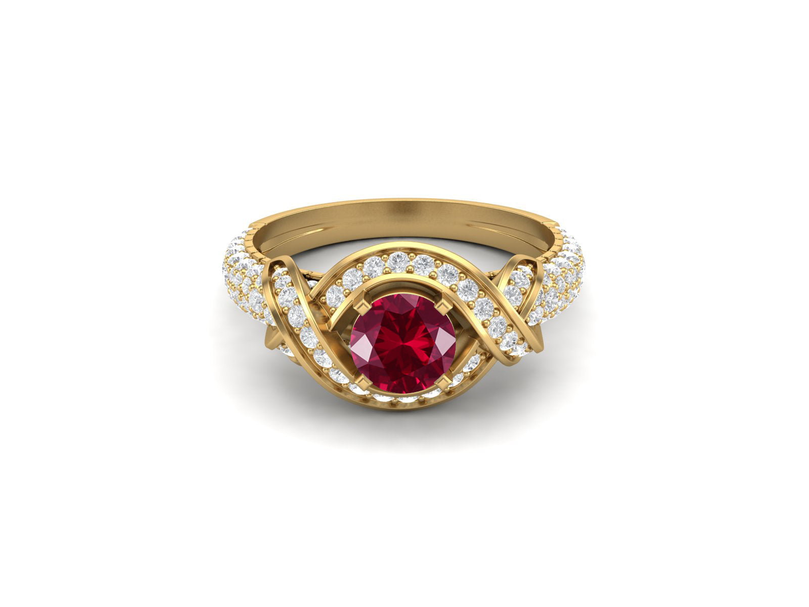 Ruby Twisted Halo and Pave Band Ring - Sterling Silver
