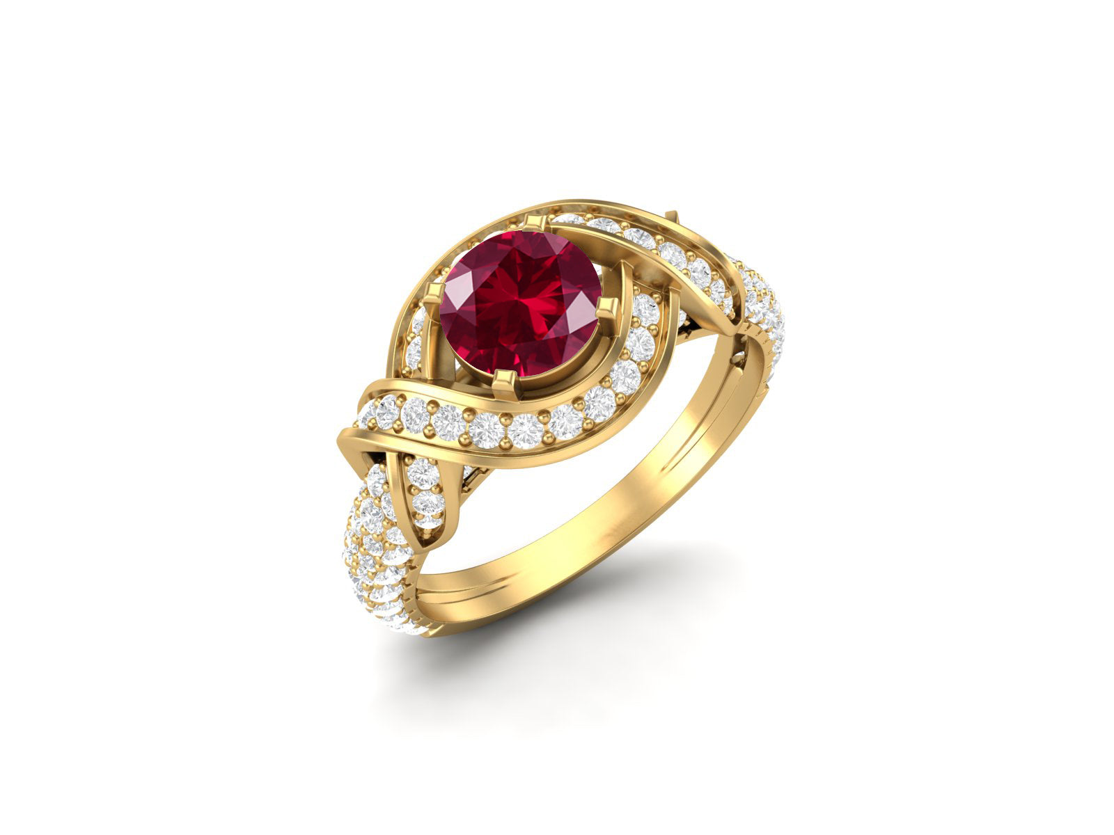 Ruby Twisted Halo and Pave Band Ring - Sterling Silver