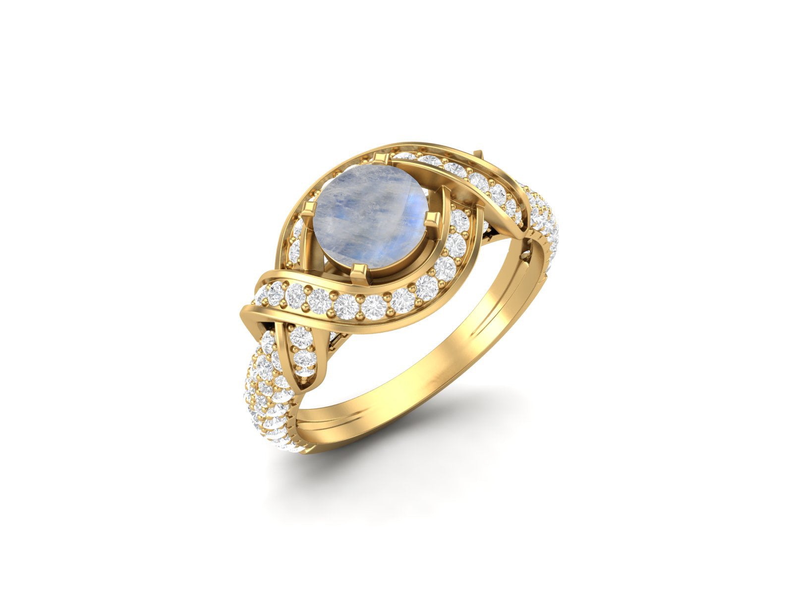 Moonstone Twisted Halo and Pave Band Ring - Sterling Silver