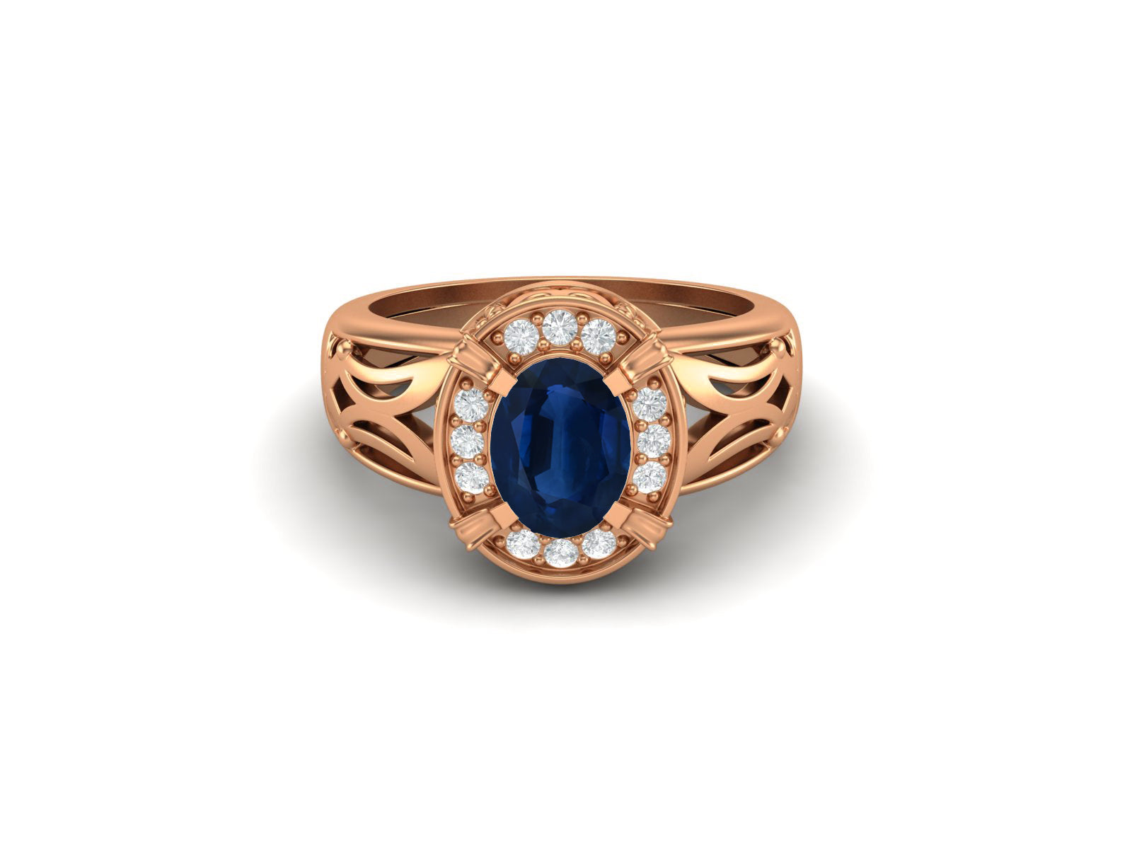 Anello di fidanzamento con pietra ovale in filigrana Art Déco e zaffiro blu