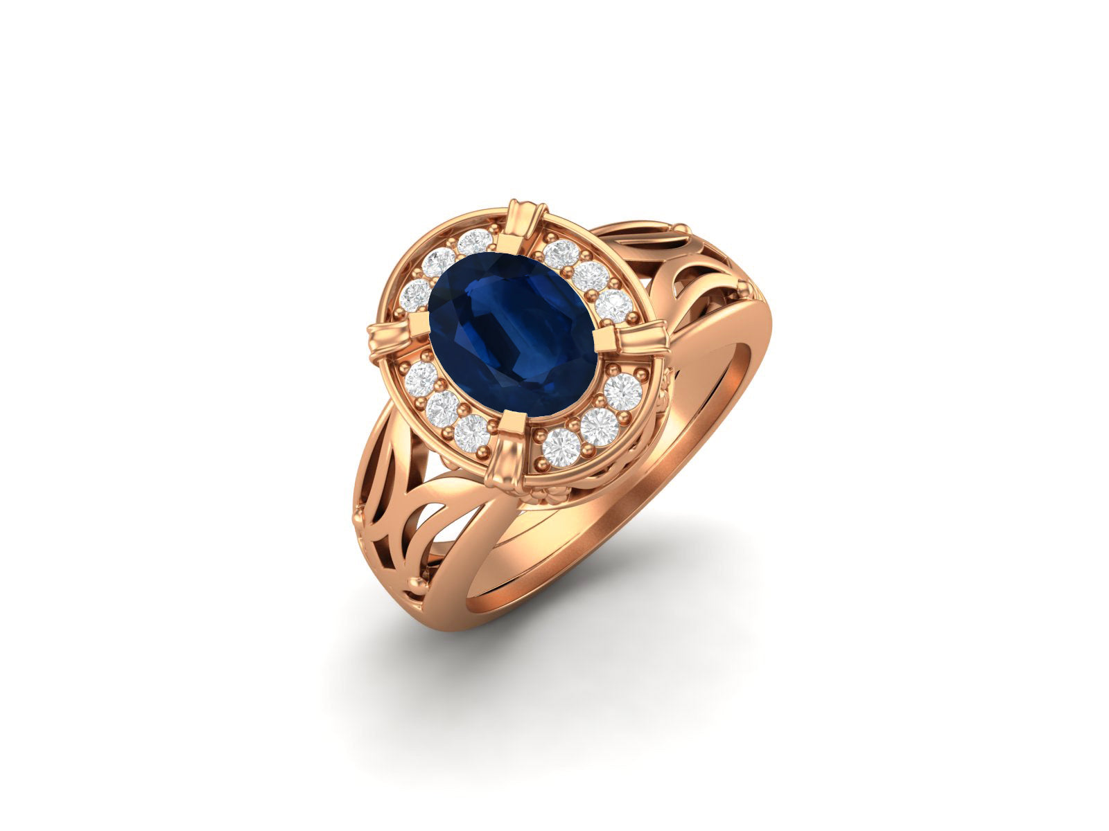 Anello di fidanzamento con pietra ovale in filigrana Art Déco e zaffiro blu