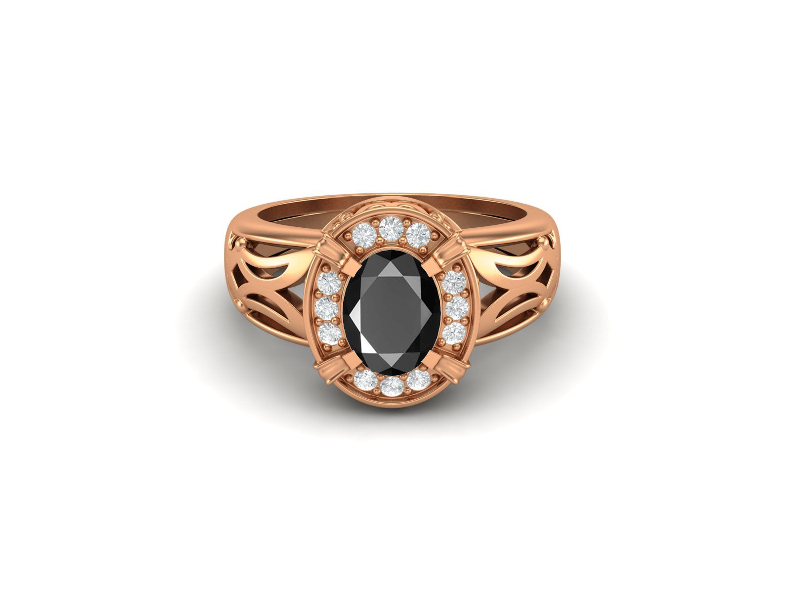 Black Spinel Oval Filigree Halo Design Ring - Sterling Silver