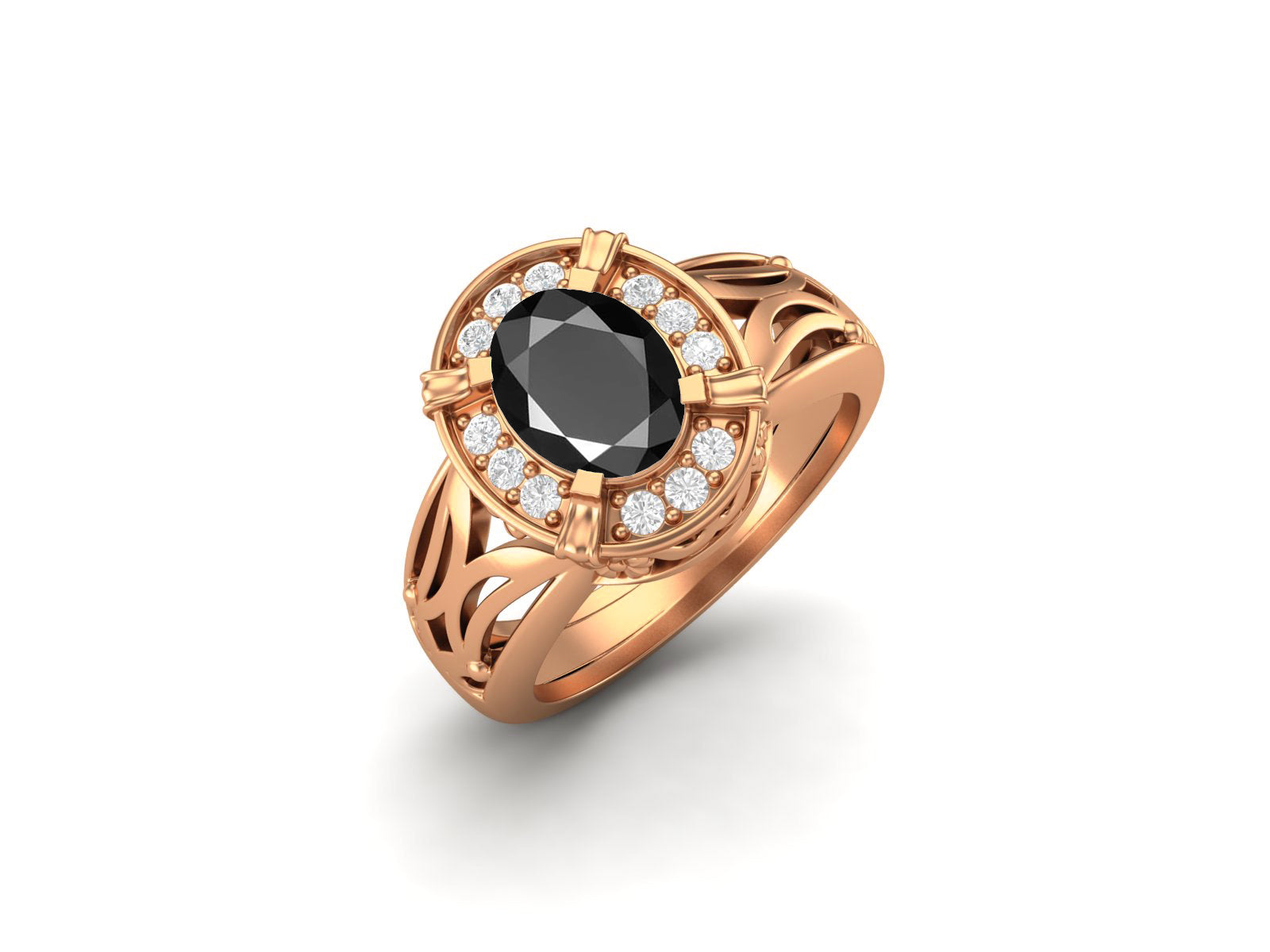 Black Spinel Oval Filigree Halo Design Ring - Sterling Silver