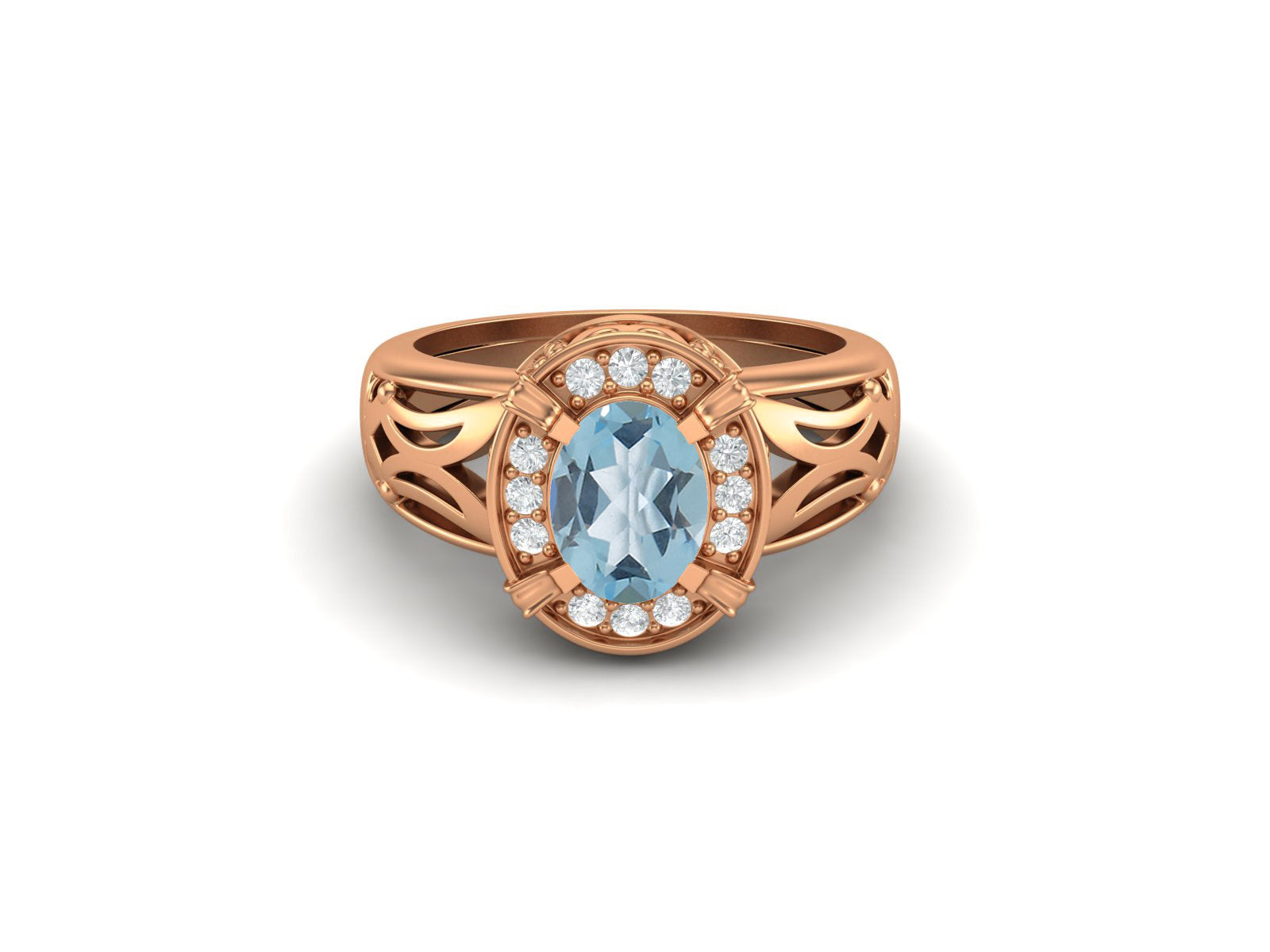 Blue Topaz Oval Filigree Halo Design Ring - Sterling Silver