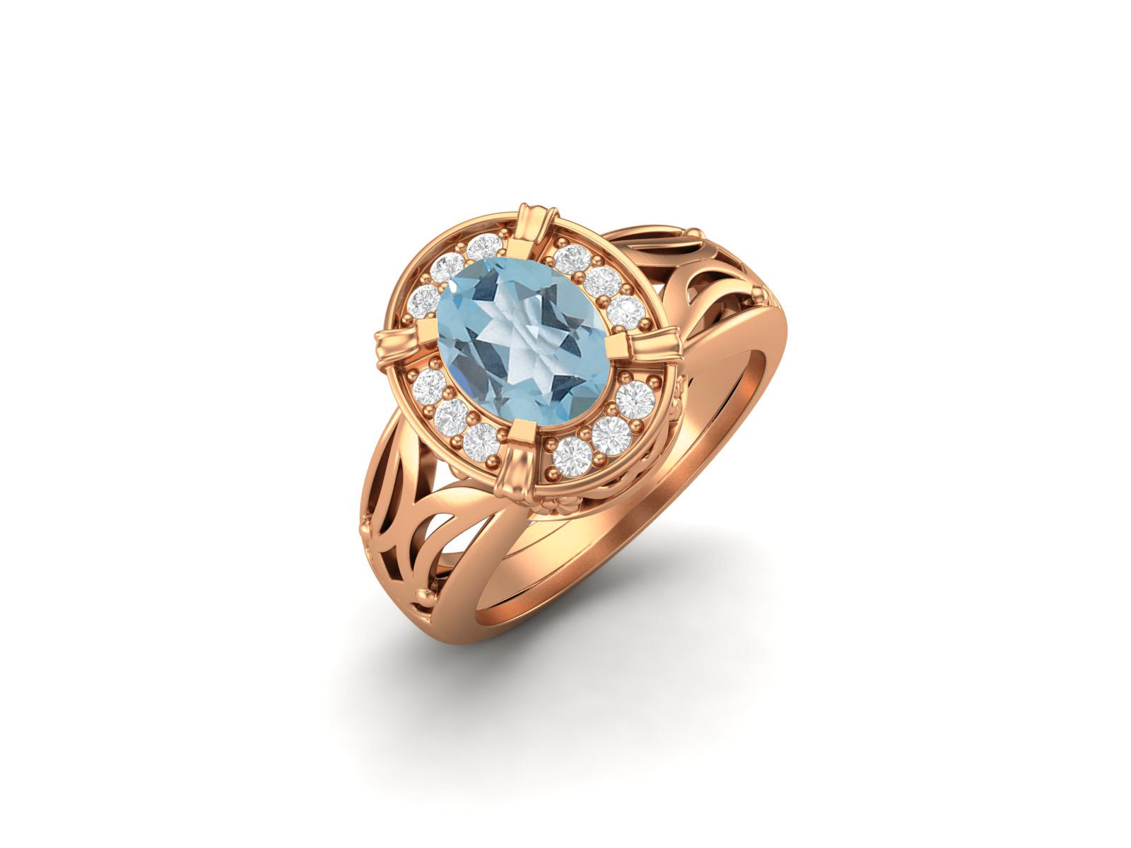 Blue Topaz Oval Filigree Halo Design Ring - Sterling Silver