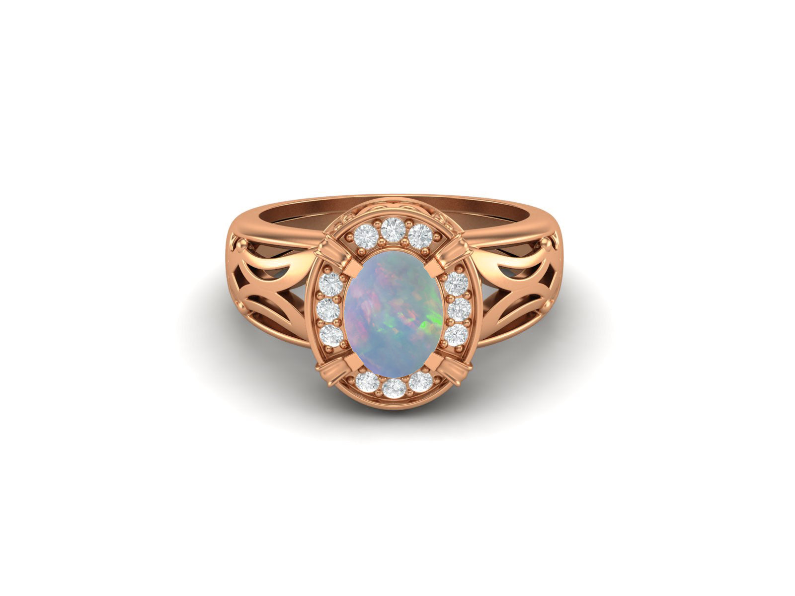 Opal Oval Filigree Halo Design Ring - Sterling Silver