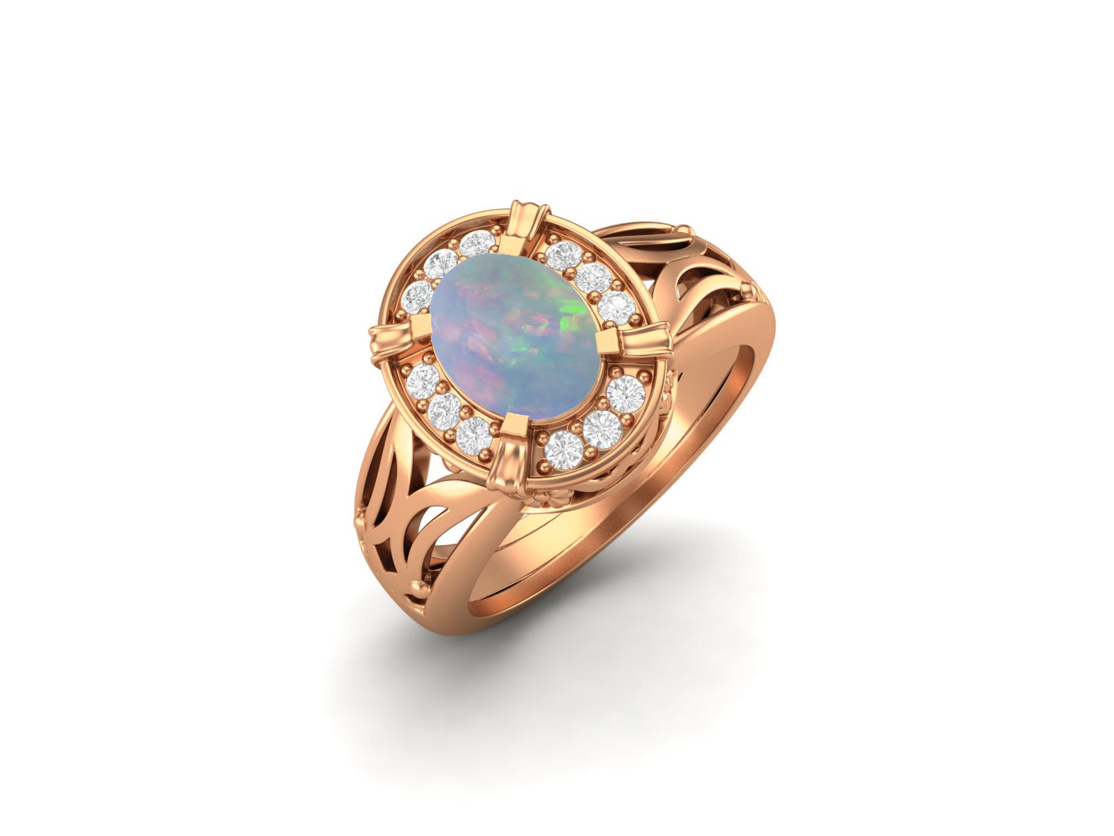 Opal Oval Filigree Halo Design Ring - Sterling Silver