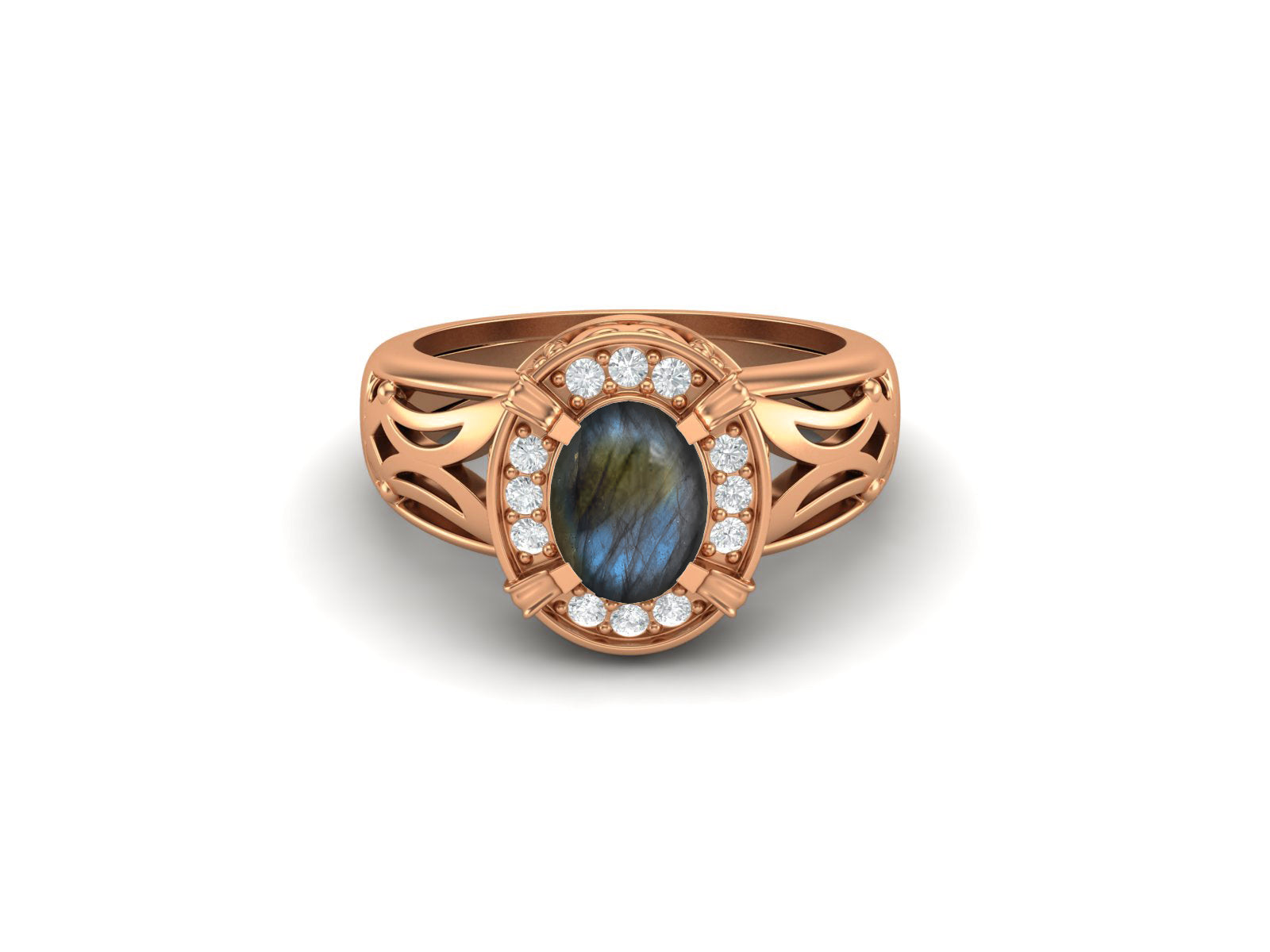 Labradorite Oval Filigree Halo Design Ring - Sterling Silver