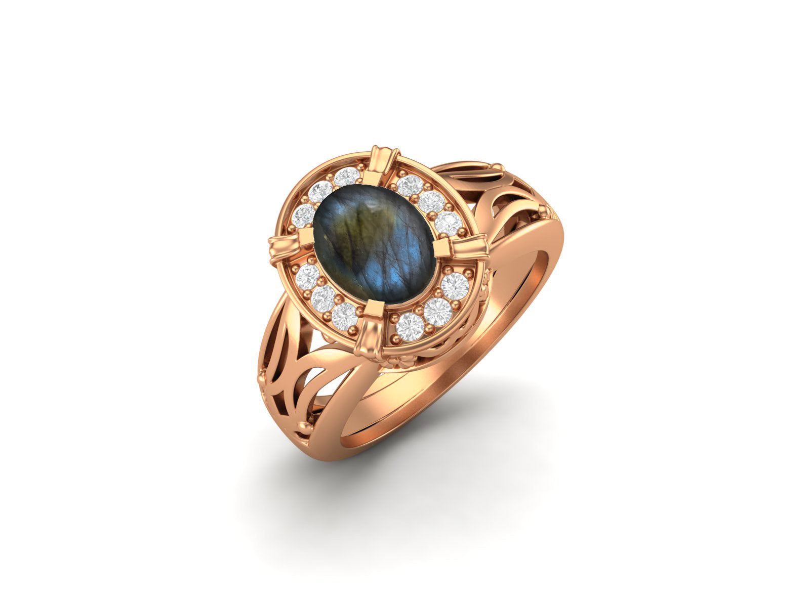 Labradorite Oval Filigree Halo Design Ring - Sterling Silver