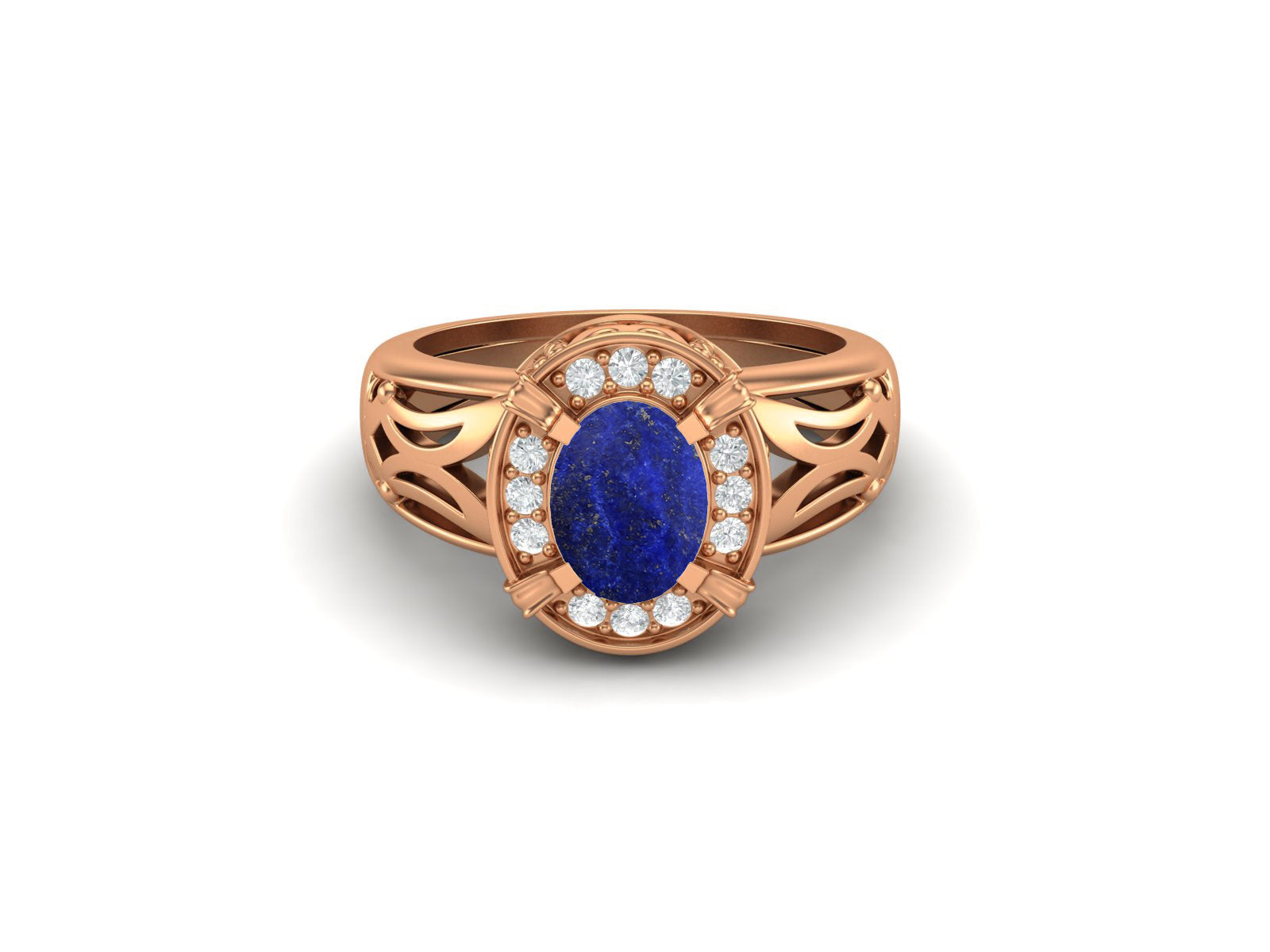 Lapis Lazuli Oval Filigree Halo Design Ring - Sterling Silver